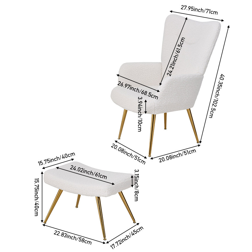 Accent Chair With Footstool Set – Sherpa Fleece Upholstered Armchair With Gold Metal Stool