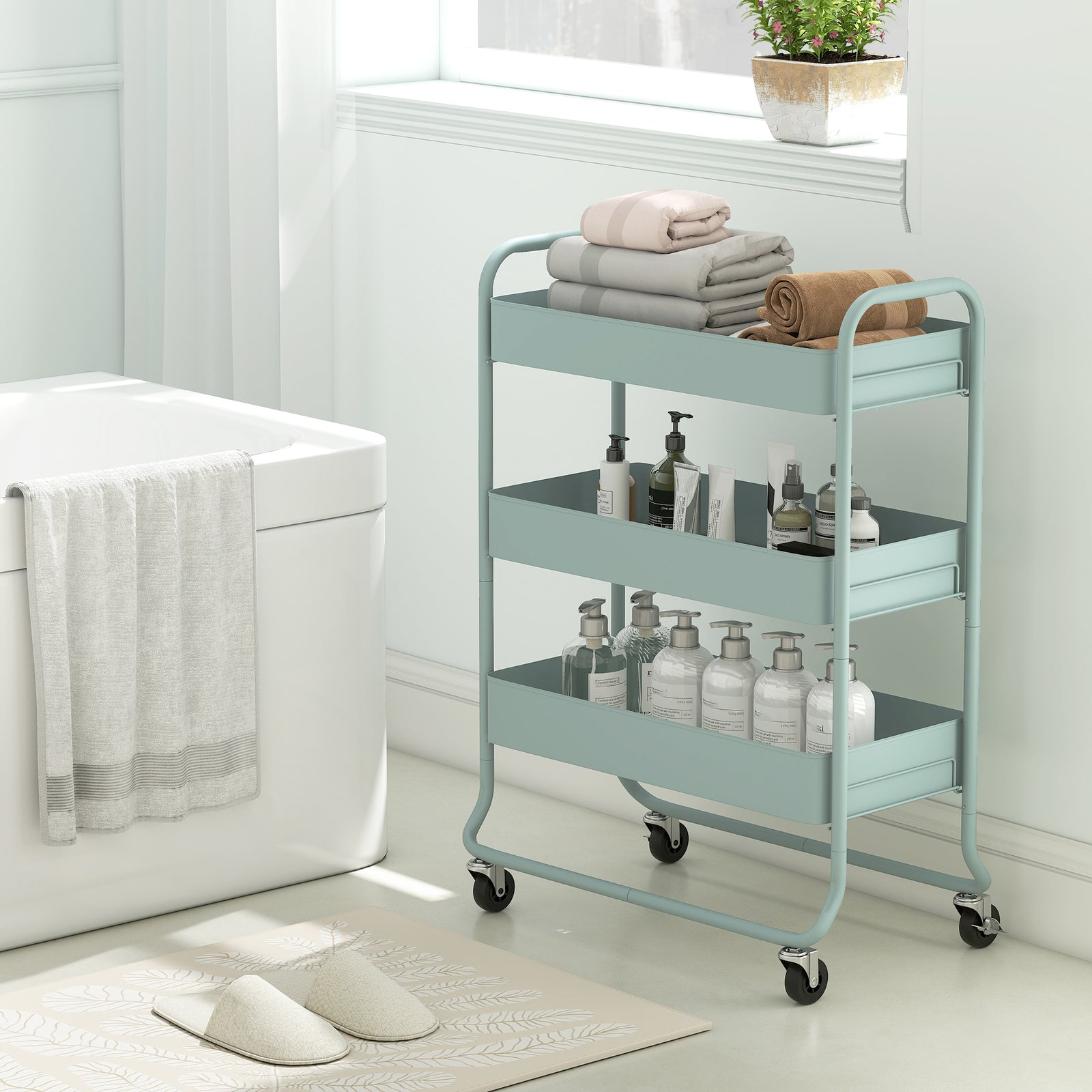 3-tier Storage Trolley, Storage Cart With Mesh Backets, Wheels | Green