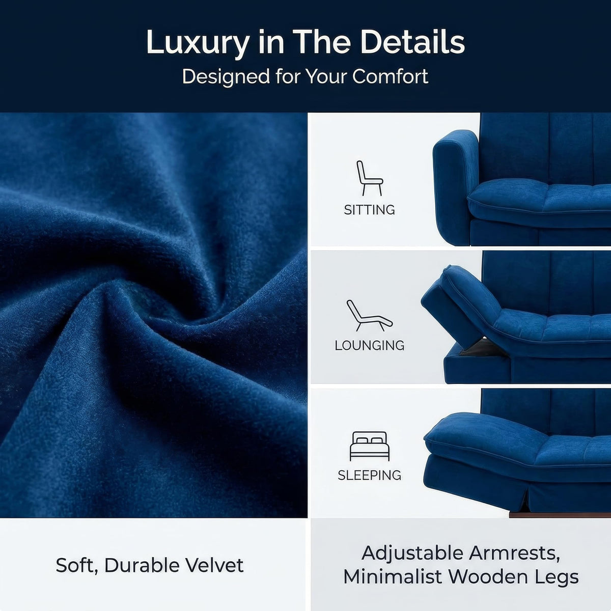 Mondaine Velvet Sofa Bed 3 Seater | Navy Blue
