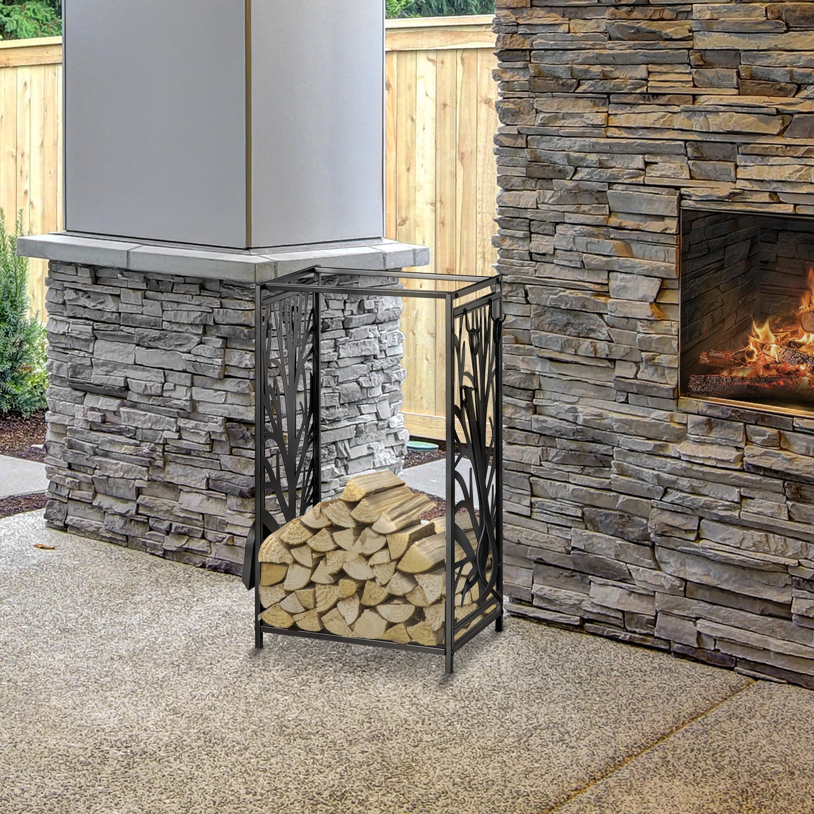 Heavy Duty Log Rack W/ 4 Tools, Black 70H x 46Wcm
