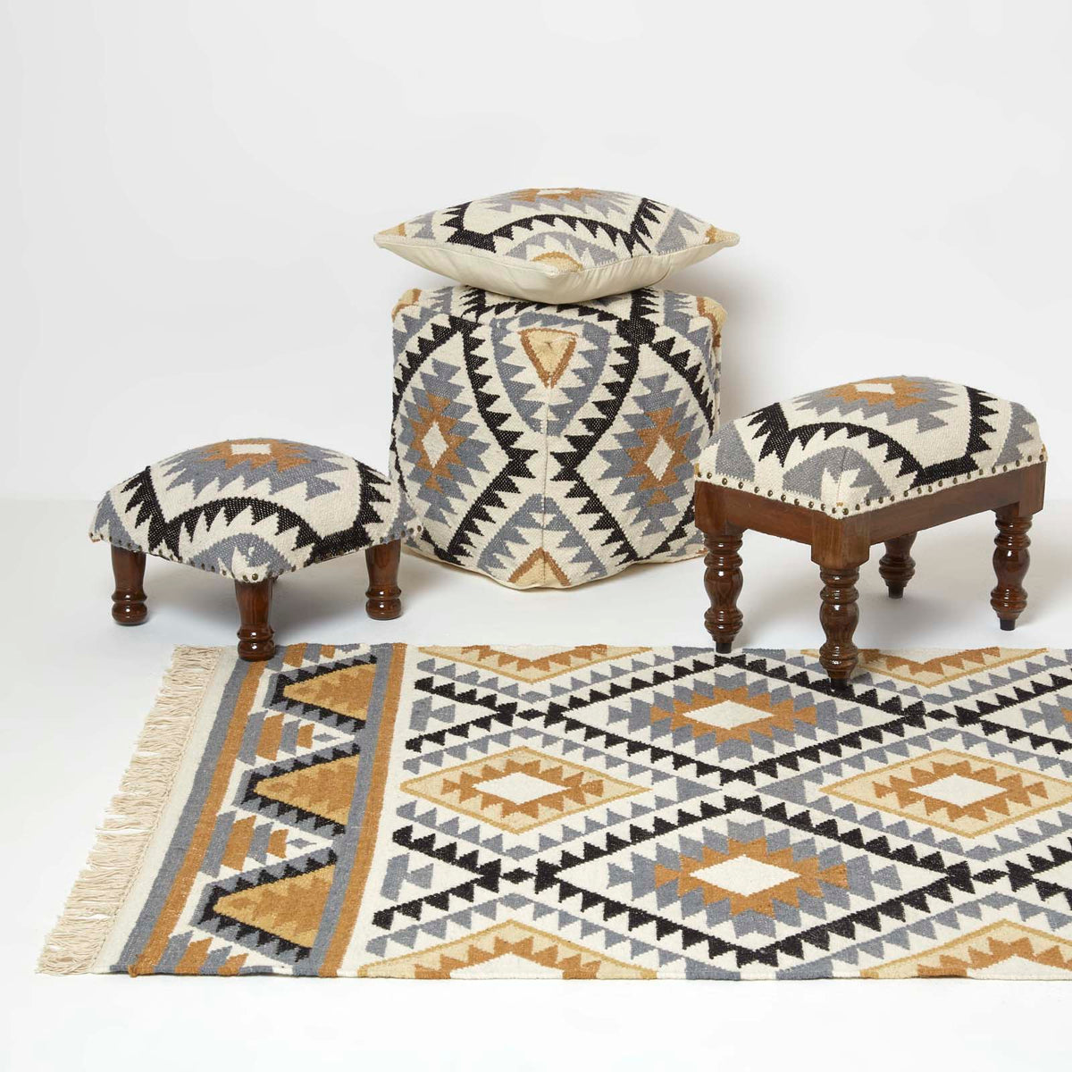 Agra Handwoven Kilim Footstool | 40cm x 40cm | Multi Colour