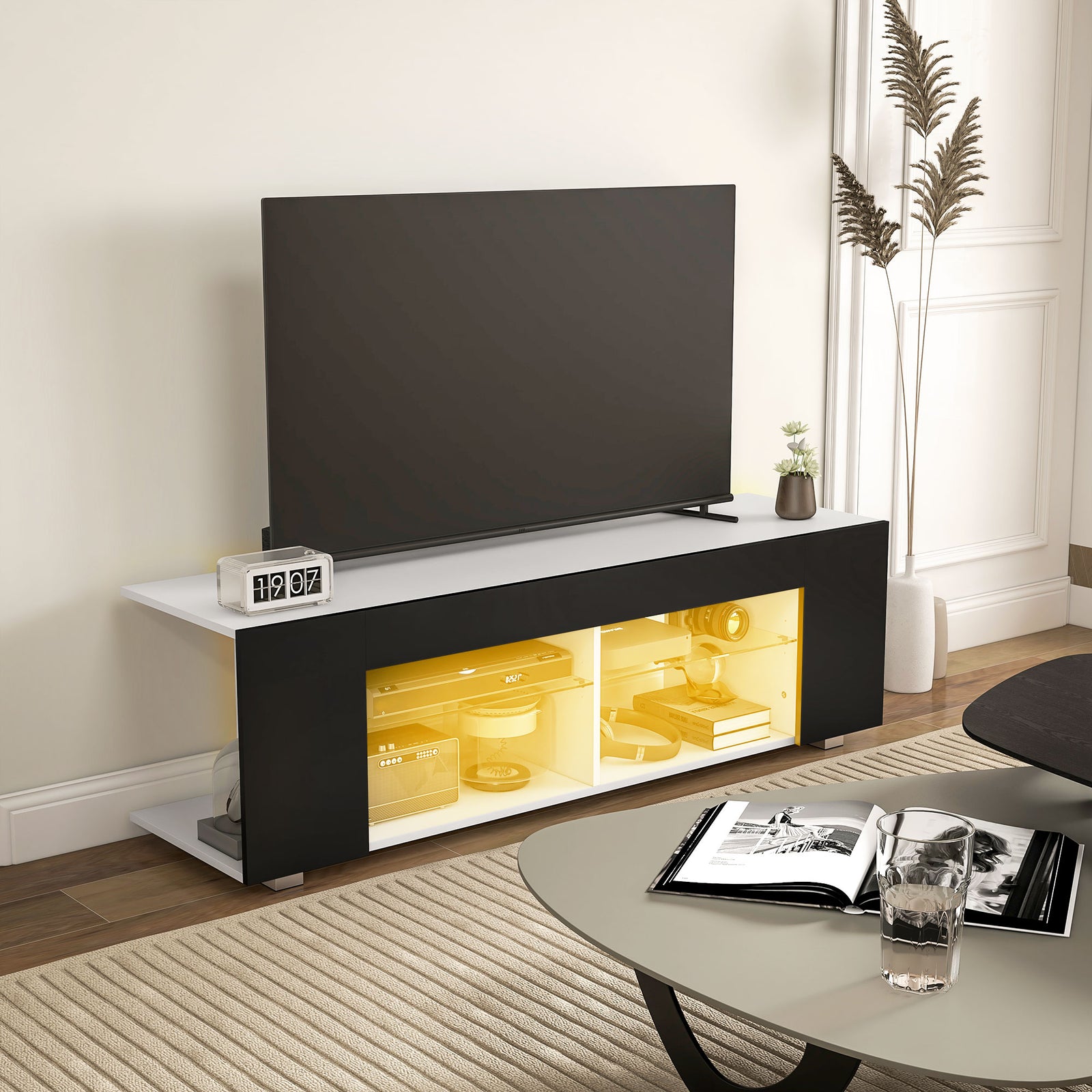 Tv Stand 145cm Glass Shelves Rgb Led | Black