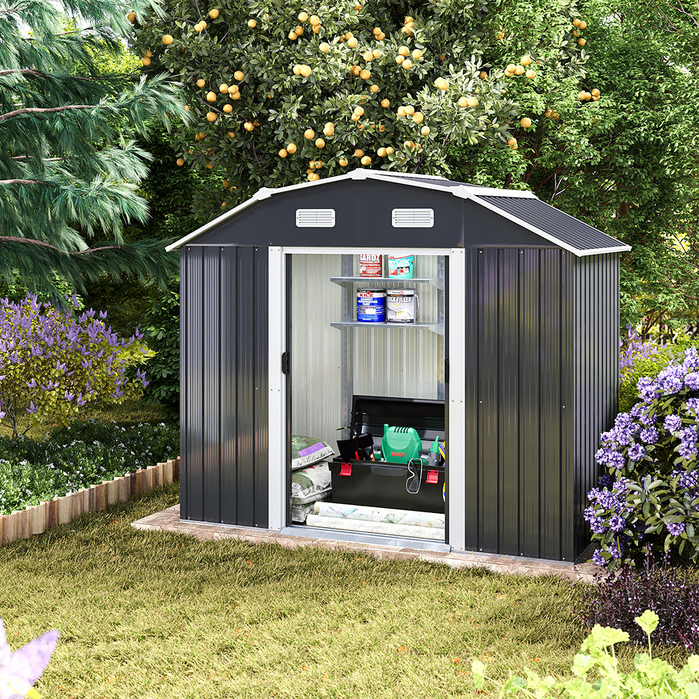 7.72 Ft X 4.3 Ft Outdoor Metal Storage Shed With Double Sliding Doors And Vents - Waterproof Garden Tool Organizer With Foundation And Shelving
