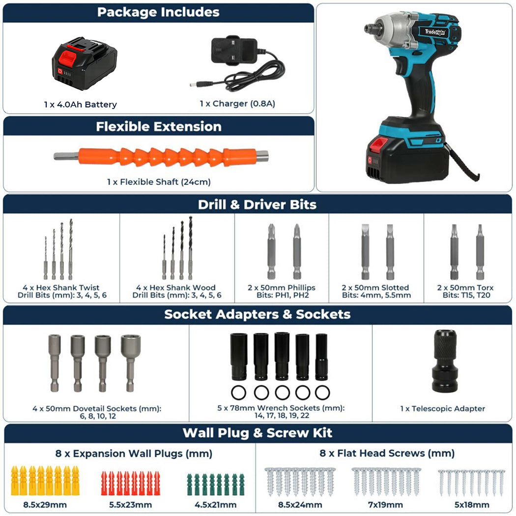 21v Brushless Impact Wrench Drill 1/2" Rattle Gun 4.0ah Battery Kit | Blue