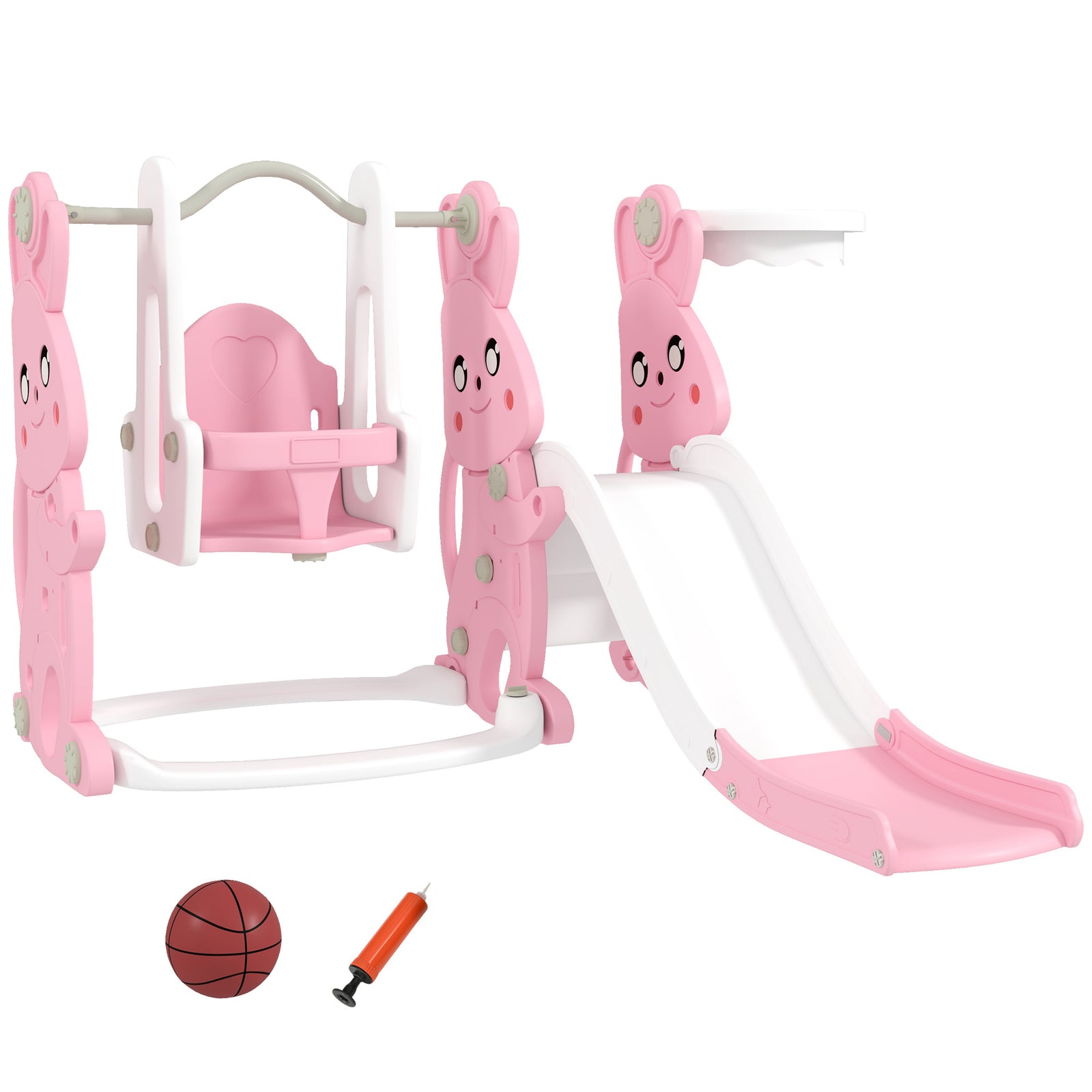 4 In 1 Toddler Slide And Swing Set With Climber, Basketball Hoop, Pink