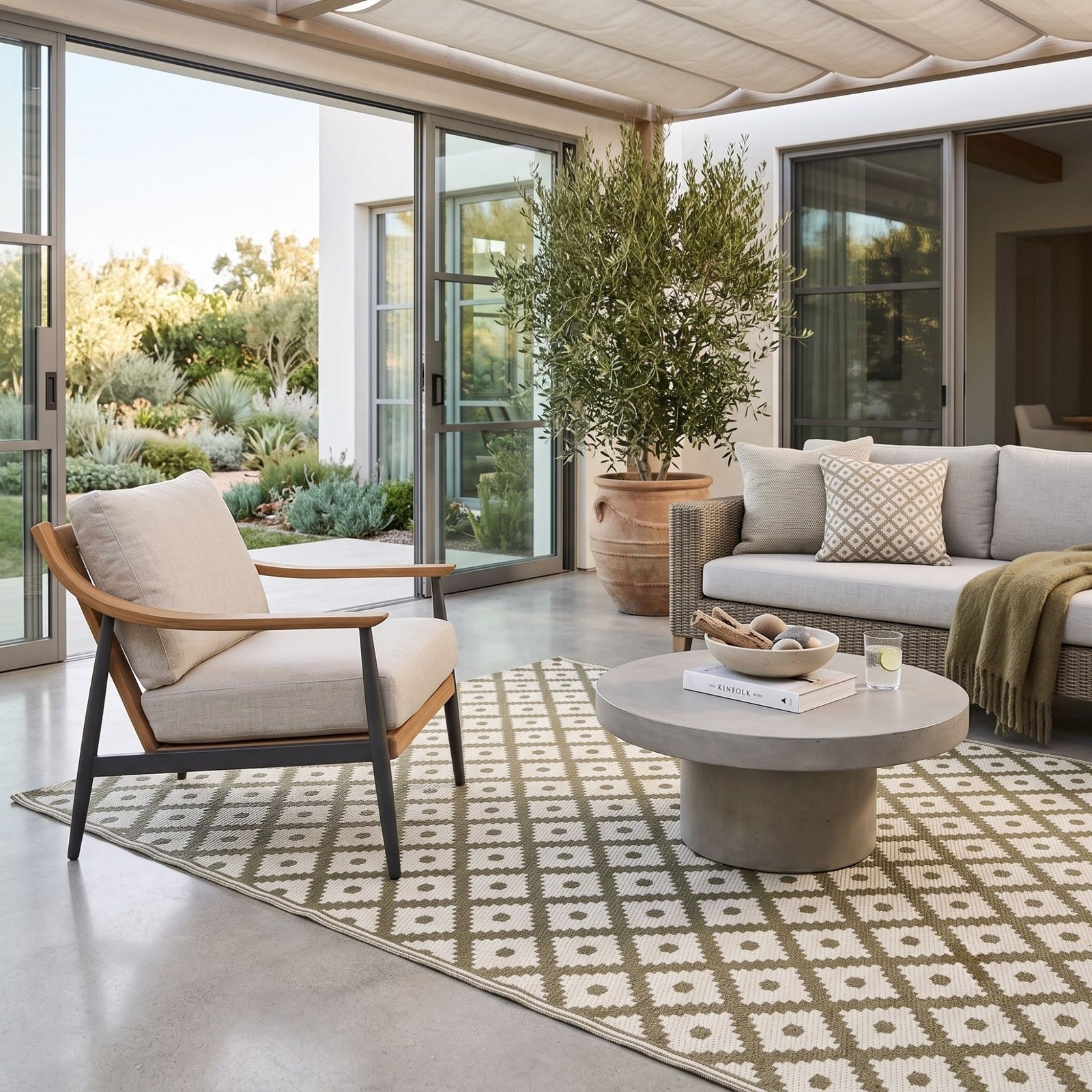 Luxury Outdoor Rug Waterproof Reversible For Garden Patio 100% Recycled, Green May Geometric | 150cm x 240cm | Olive