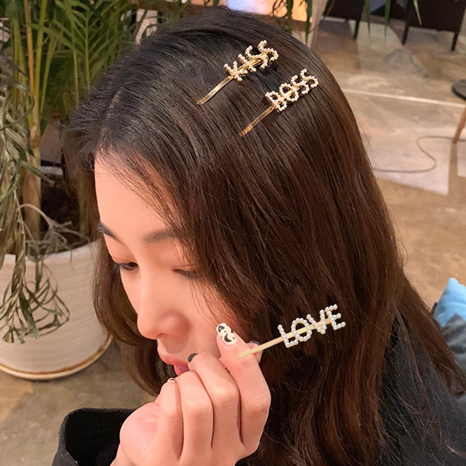 Pearl Words Hairpin Love Letter Statement Hair Clip Fashion Accessory Gold