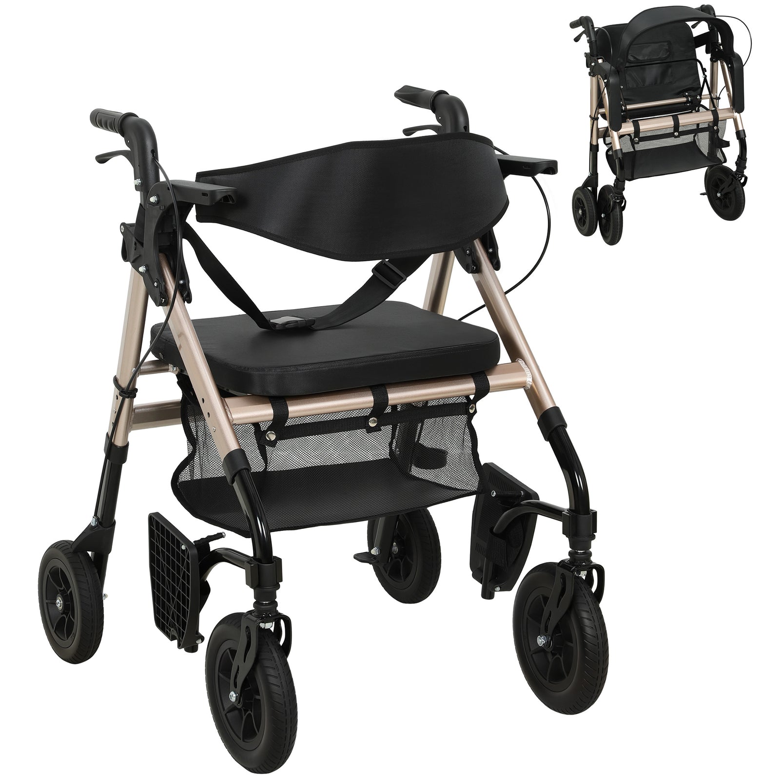 2-in-1 Mobility Walker With Seat, Foldable Rollator With Footrests