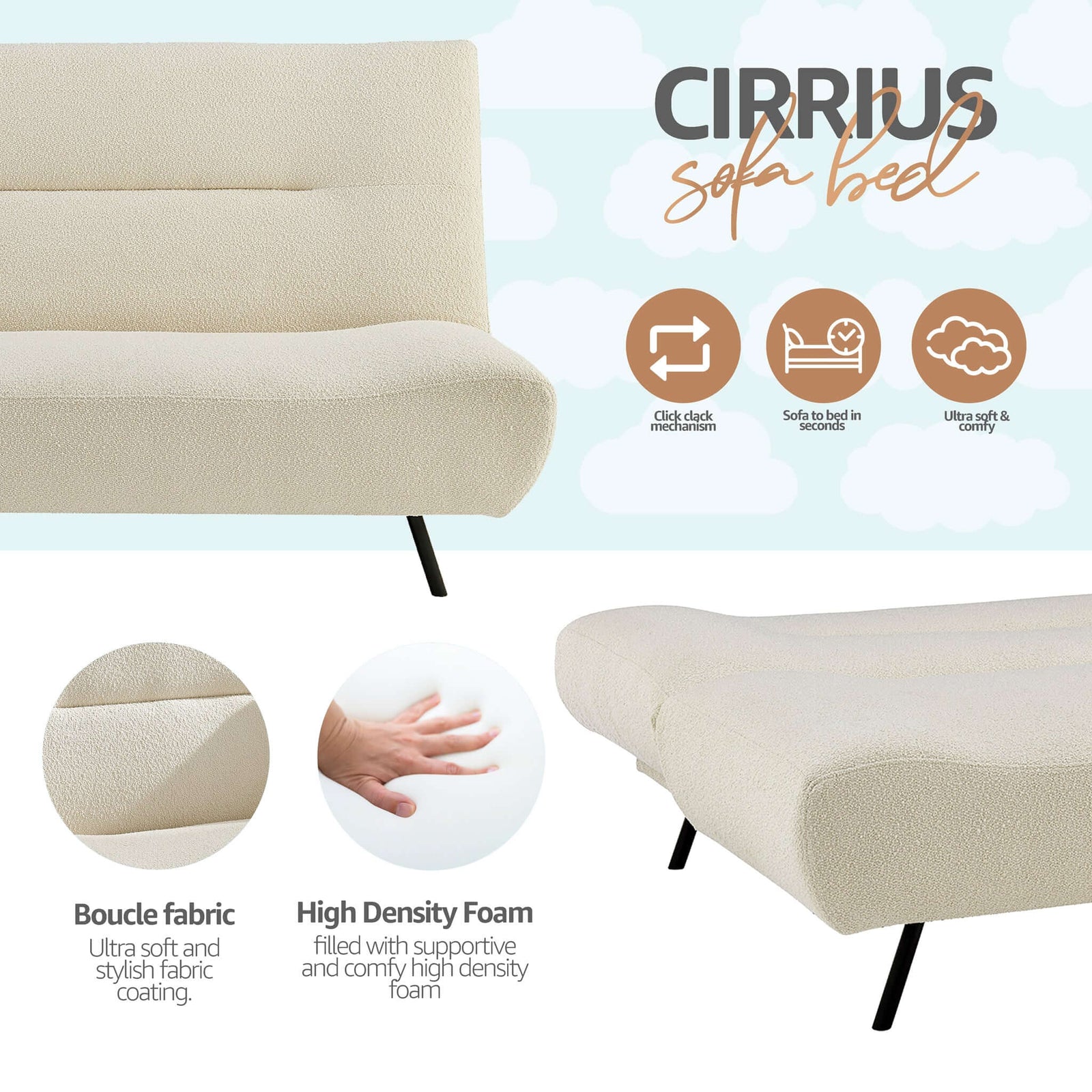 Fluffy Boucle Click-clack Sofa Bed - 2 Seater