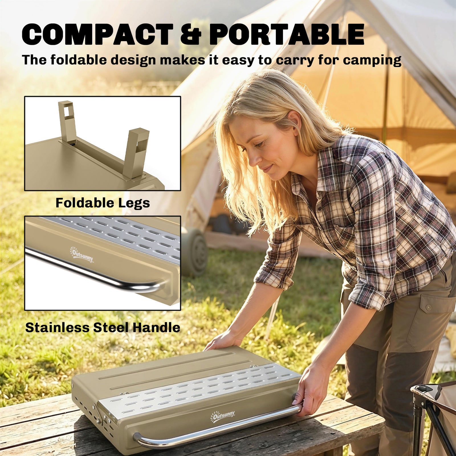 Portable Barbecue Grill With Adjustable Grates For Camping | Khaki