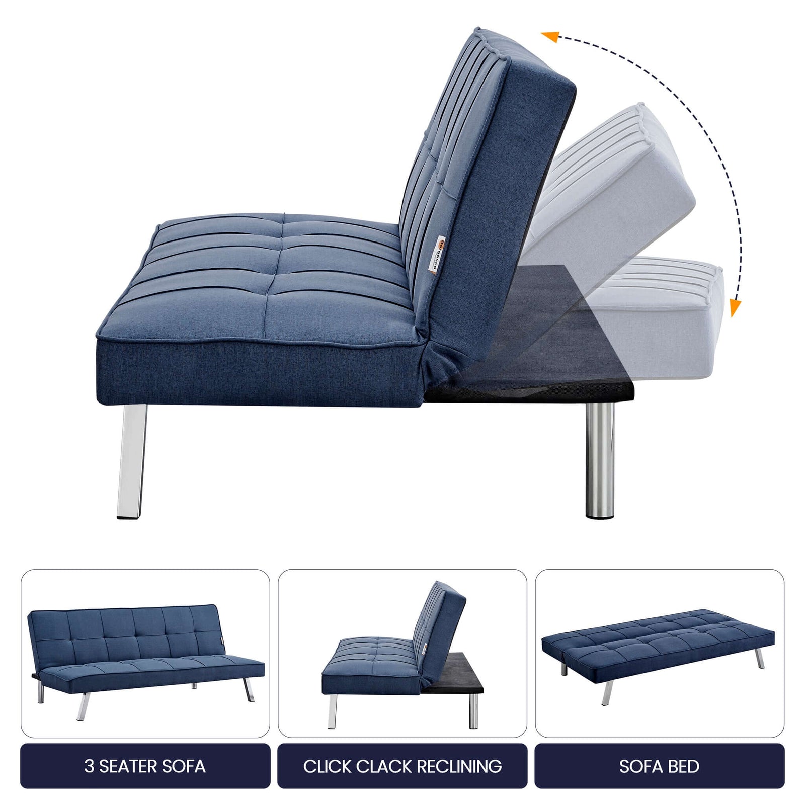 Click Clack Linen Blend Sofa Bed - 3 Seater | Blue
