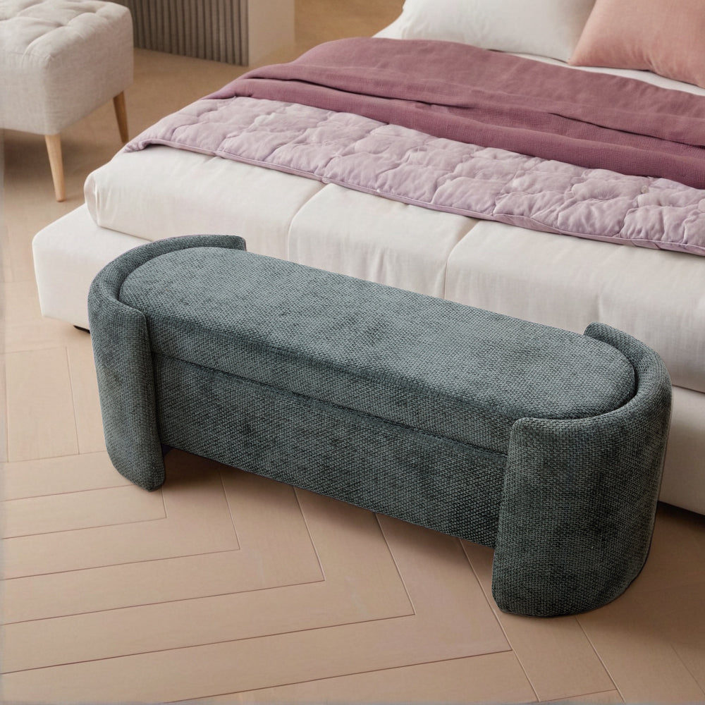 Chenille Upholstered Storage Bench With Arc-shaped Sides, 125cm Wide Ottoman Seat With Hidden Compartment For Living Room Or Bedroom | Bottle Green