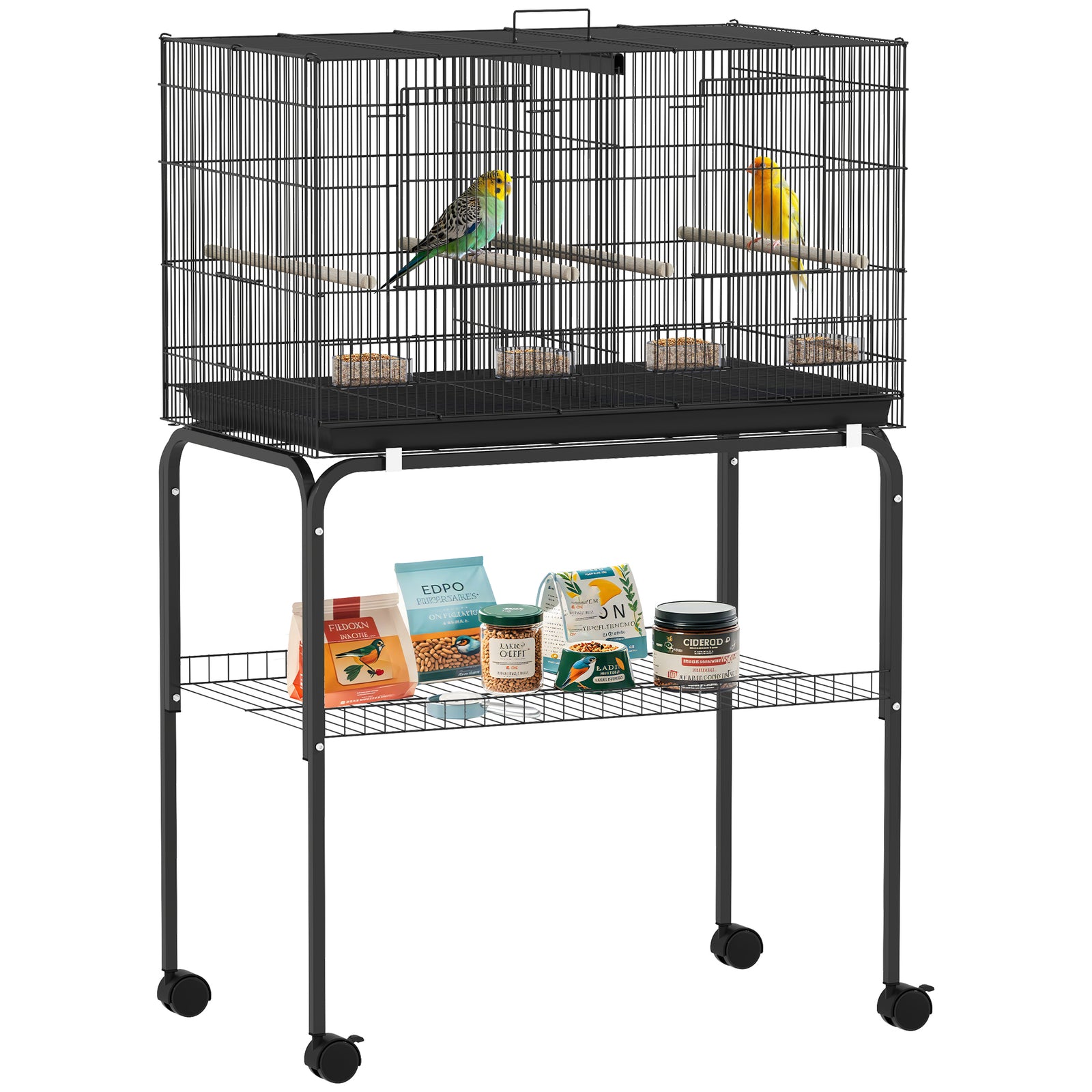 Bird Cage With Divider, 4 Wooden Perches, Slide Out Tray | Black