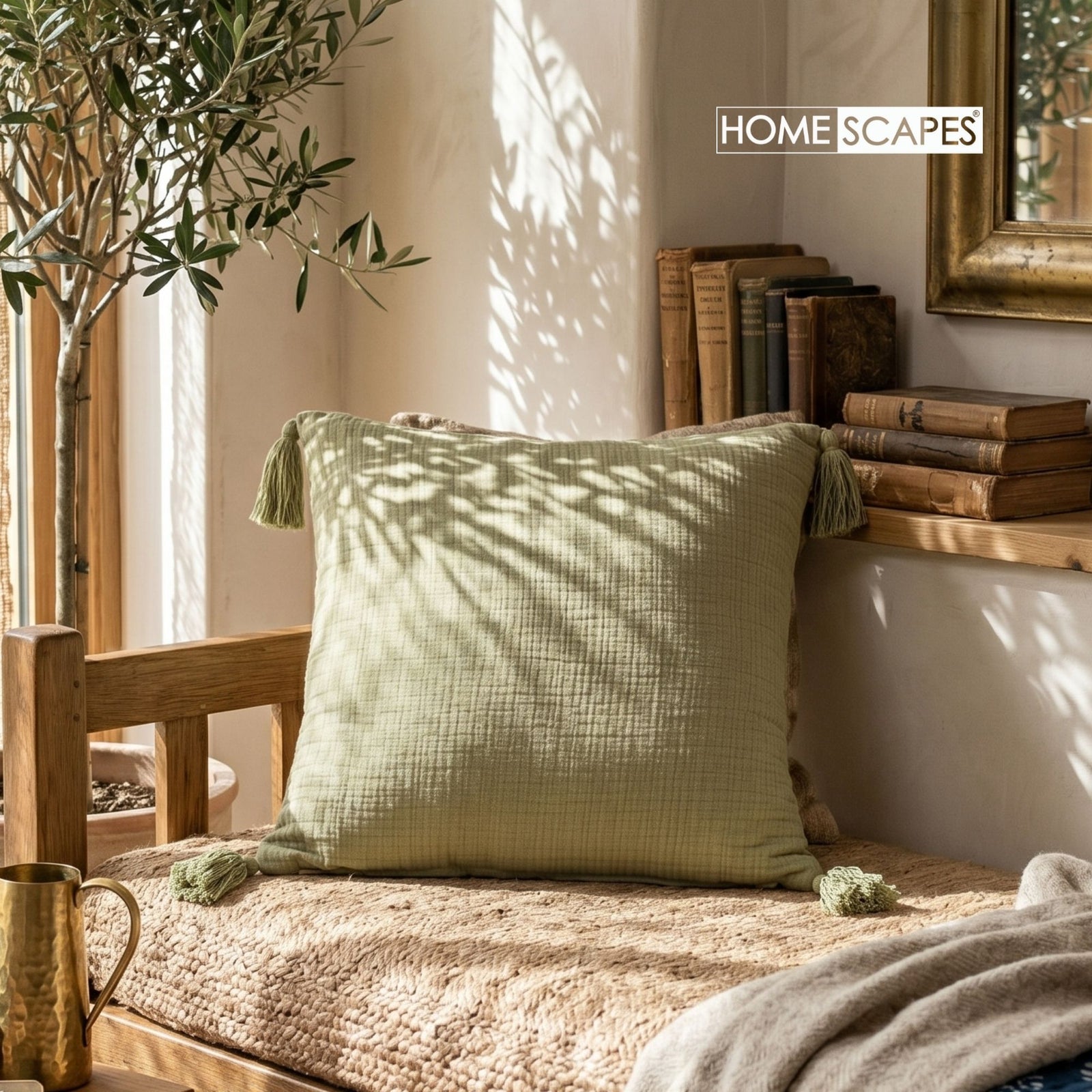 Pure Handmade Cotton Muslin Cushion With Cover | 45cm x 45cm | Green