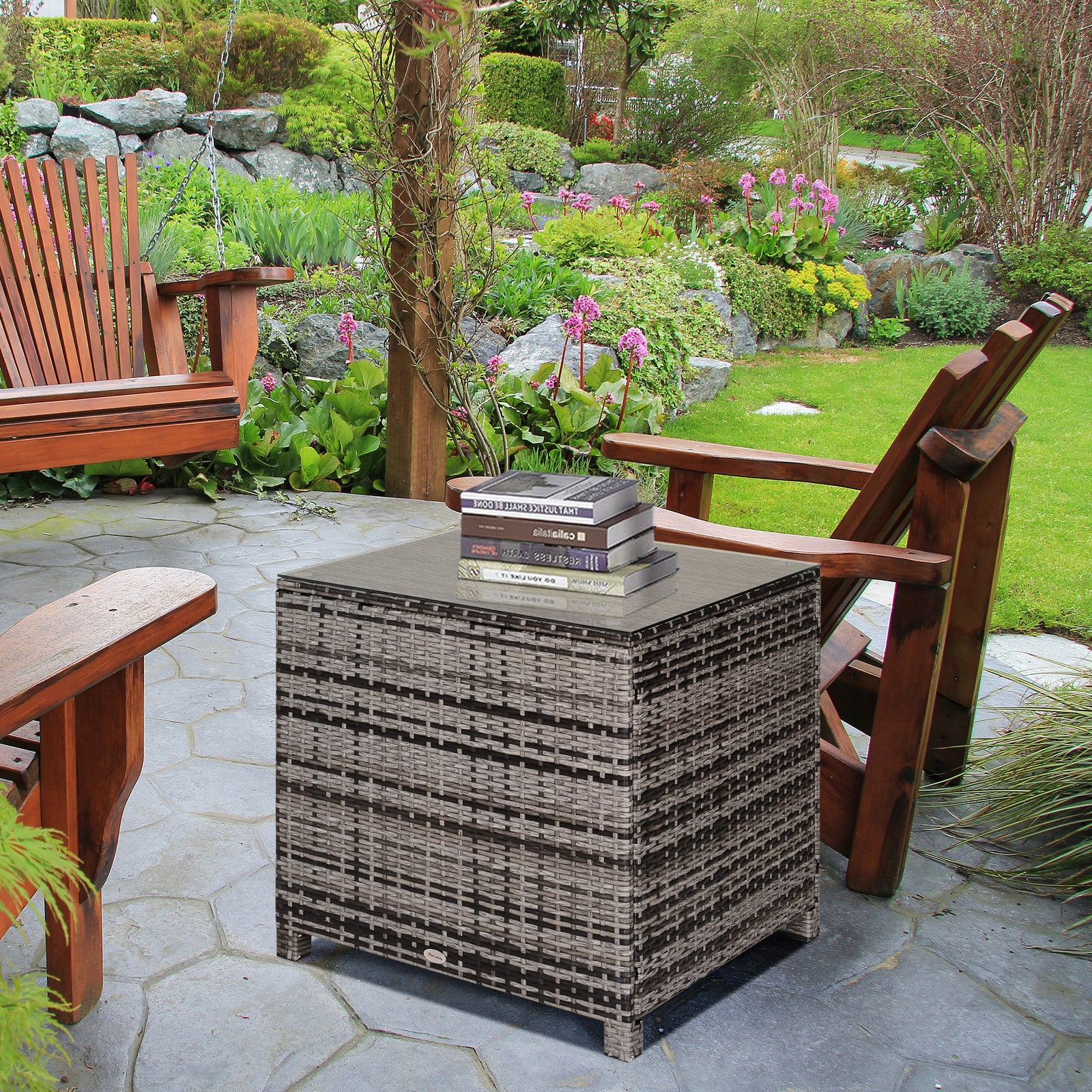 Rattan Garden Side Table Wicker Patio With Tempered Glass