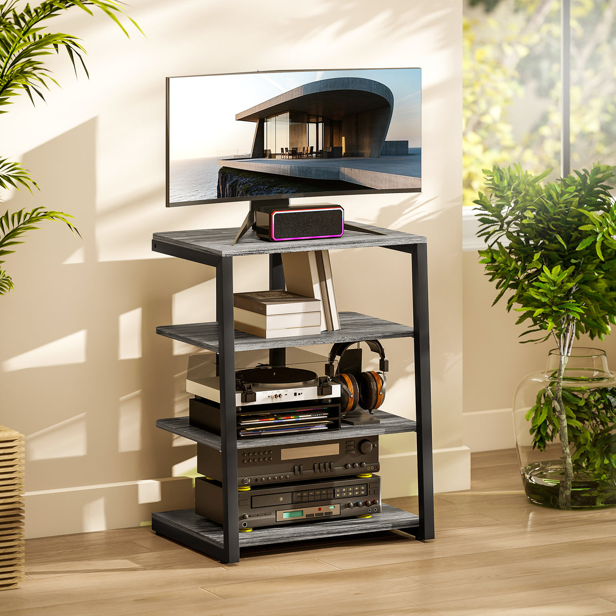Hifi Rack Stand W/ 4-tier Record Player Stand | Dark Grey