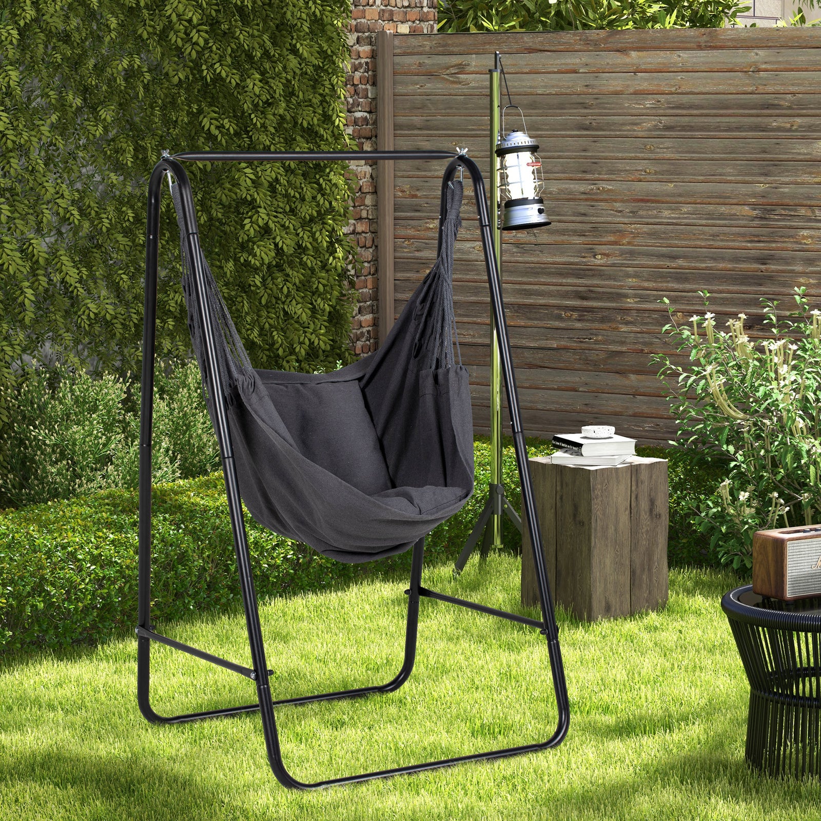 Patio Hammock Chair With Stand,  Cushion, Armrest, Hooks | Dark Gray