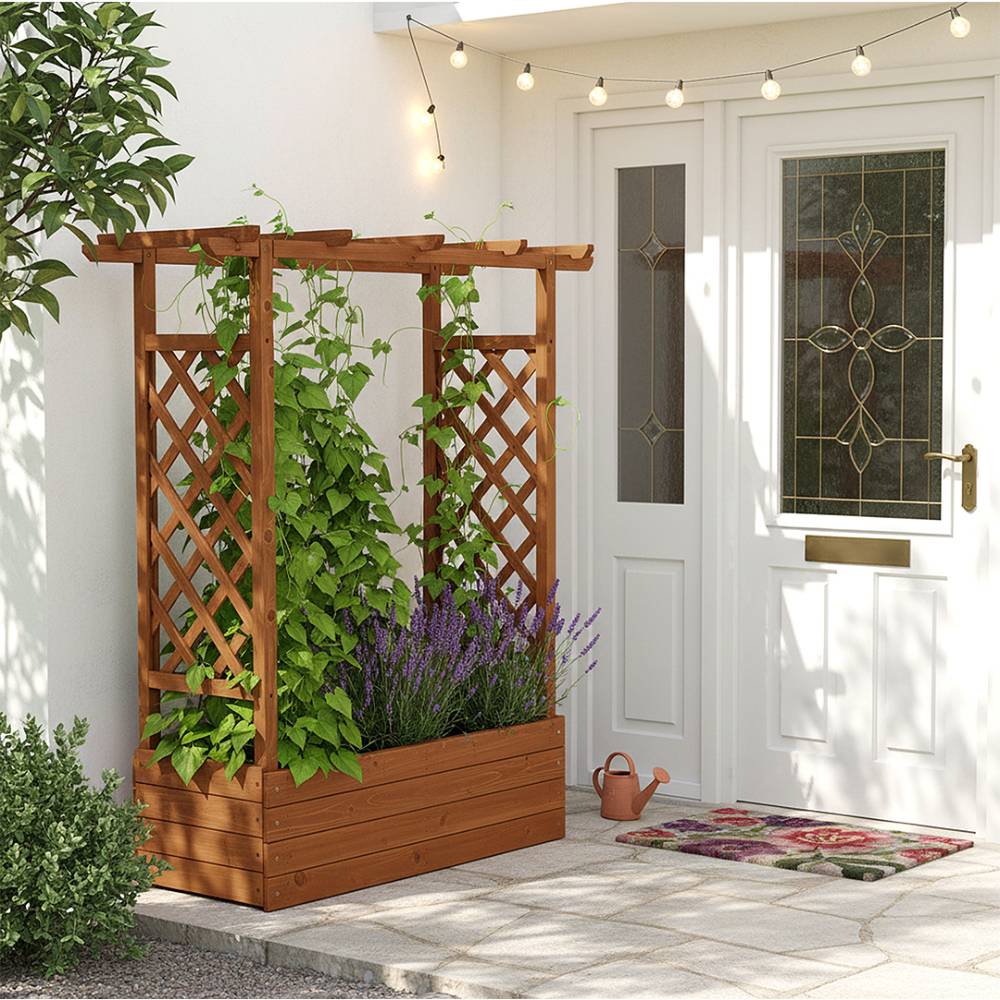 Raised Garden Bed With Integrated Trellis And Overhead Slats