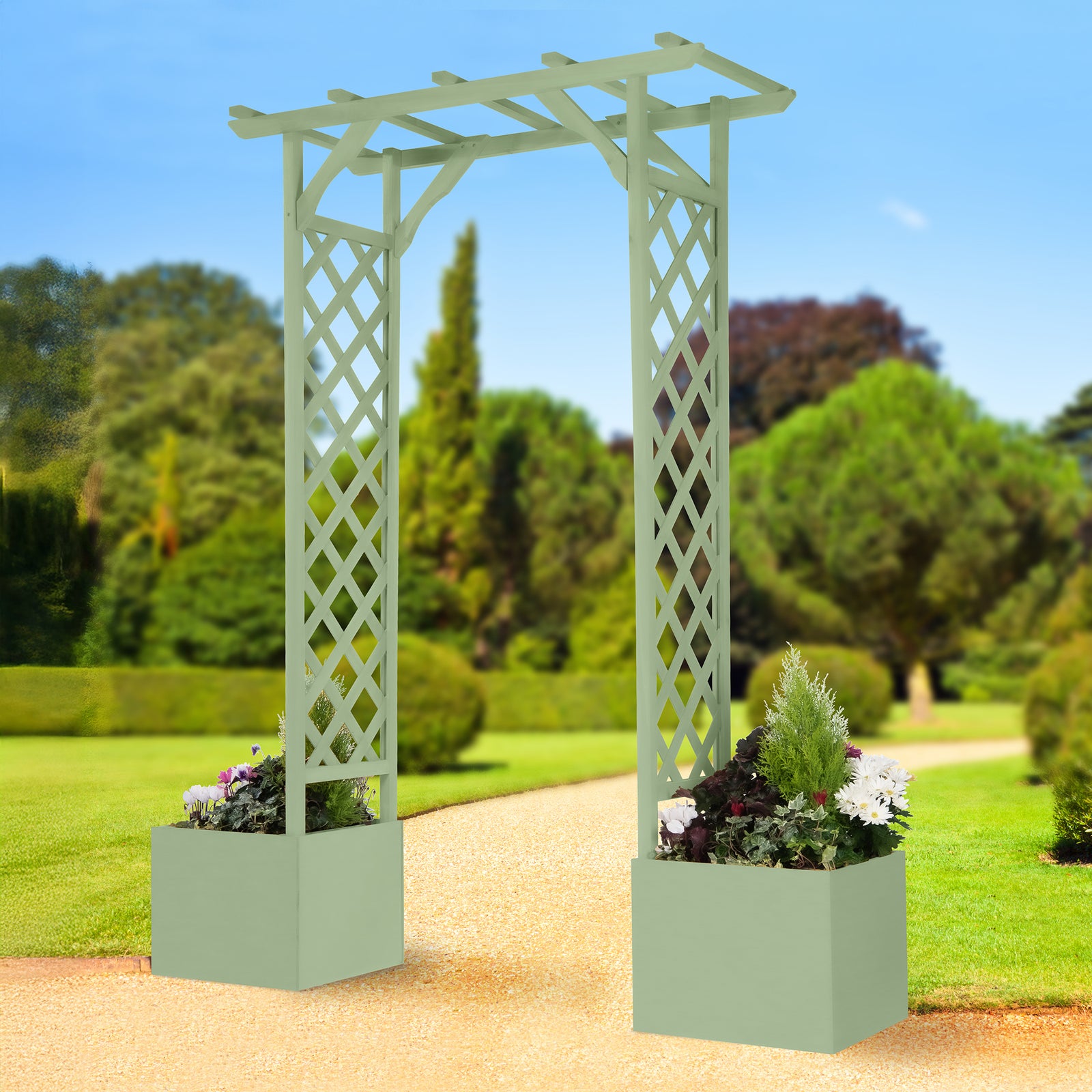 Wooden Garden Arch With Planters Sage Green Finish