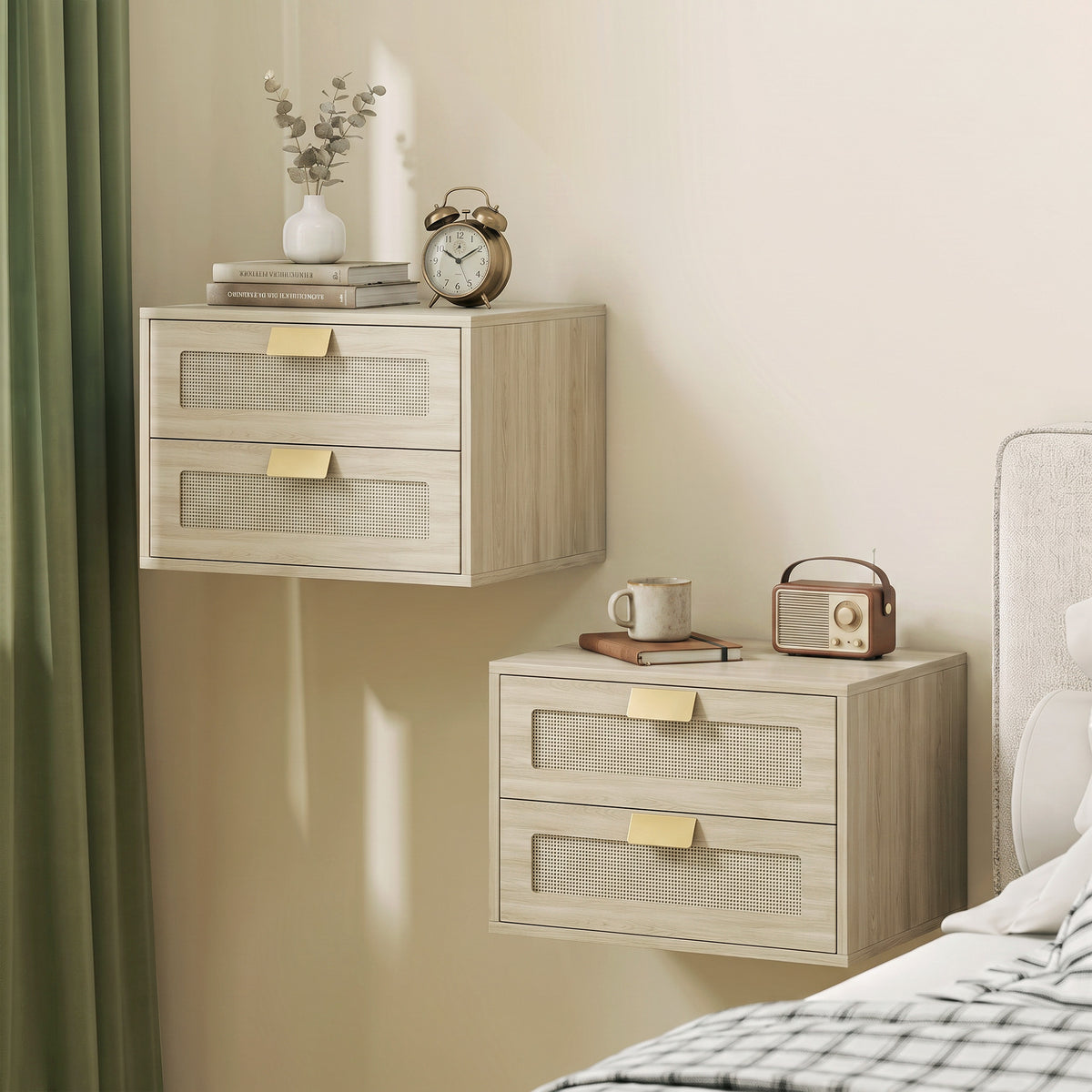 HOMCOM Modern Floating Nightstands Set Of 2,  2 Drawers Bedside Tables, Oak