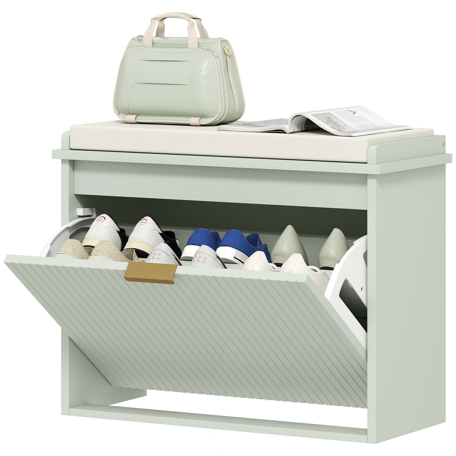 Shoe Storage Bench With Cushion And Flip-drawer | Small | Green
