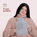 LIVIVO Grey Faux Fur 2L Hot Water Bottle w/ Cosy Knit Cover & Hand Warmer Pockets