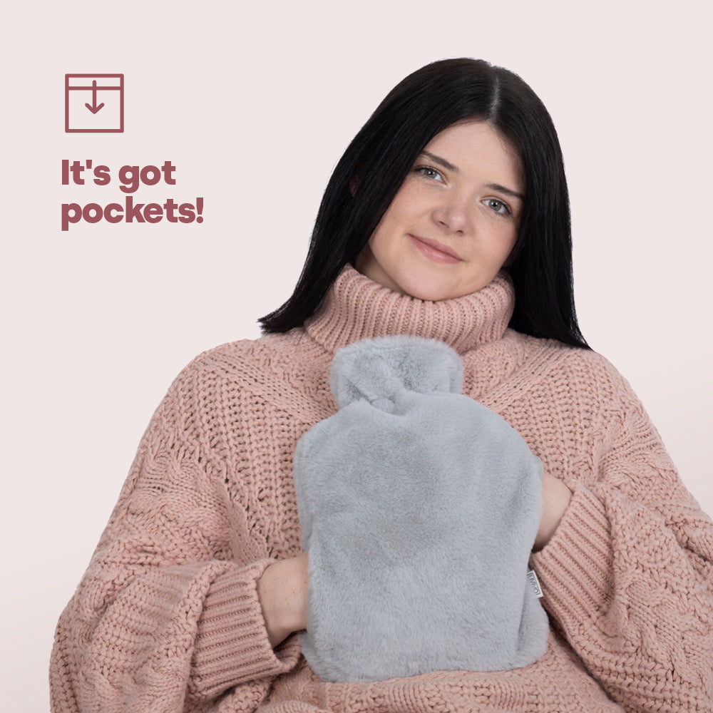 LIVIVO Grey Faux Fur 2L Hot Water Bottle w/ Cosy Knit Cover & Hand Warmer Pockets