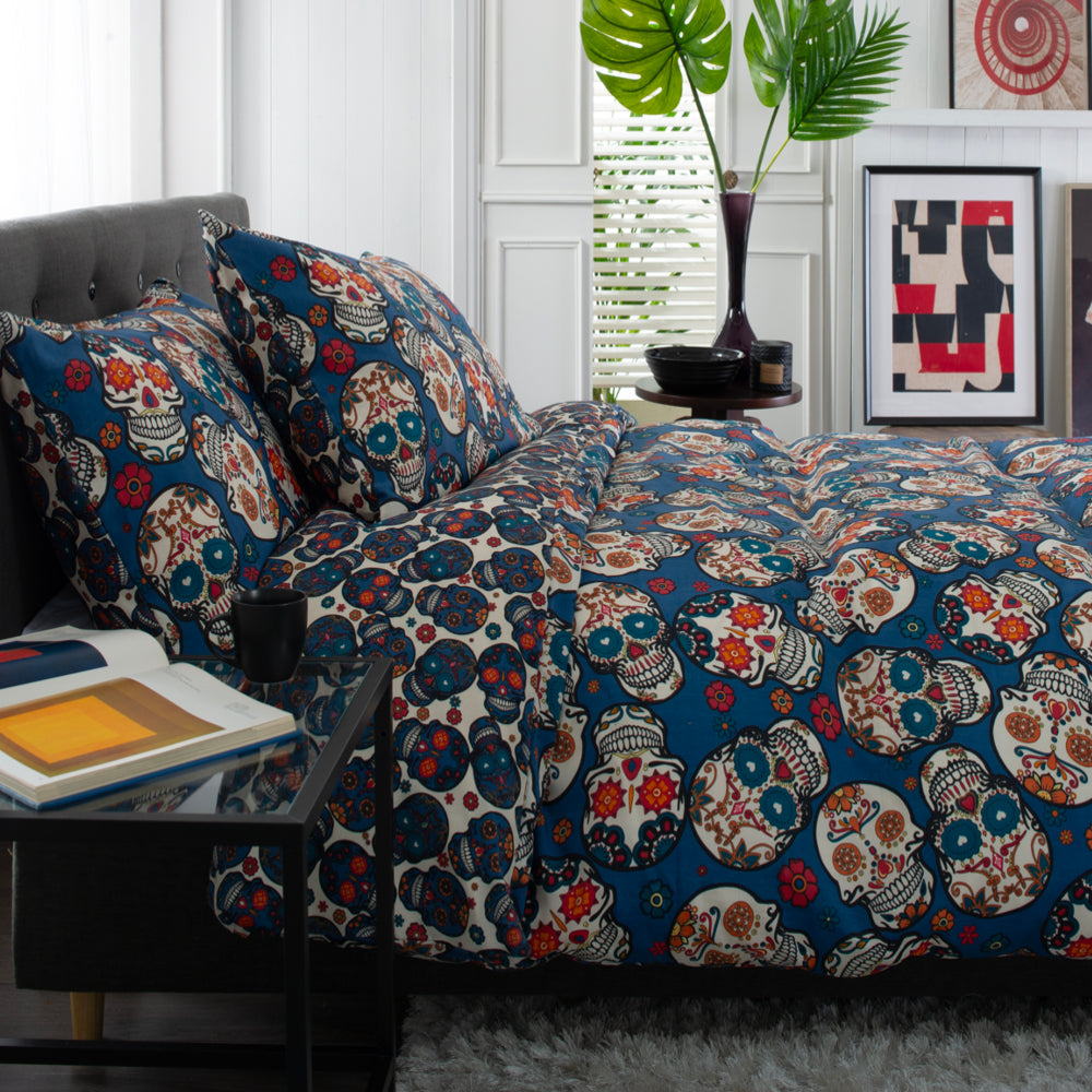 Day Of The Dead Cotton Rich 200 Thread Count Reversible Duvet Cover Set | King | Navy Blue