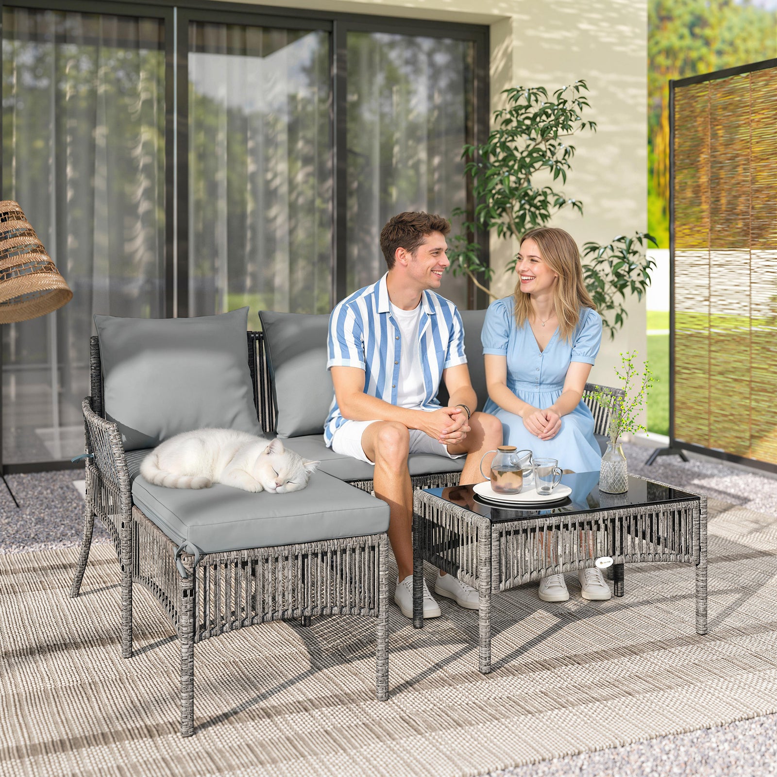 3 Piece Rattan Garden Furniture Set With Cushions | Dark Grey