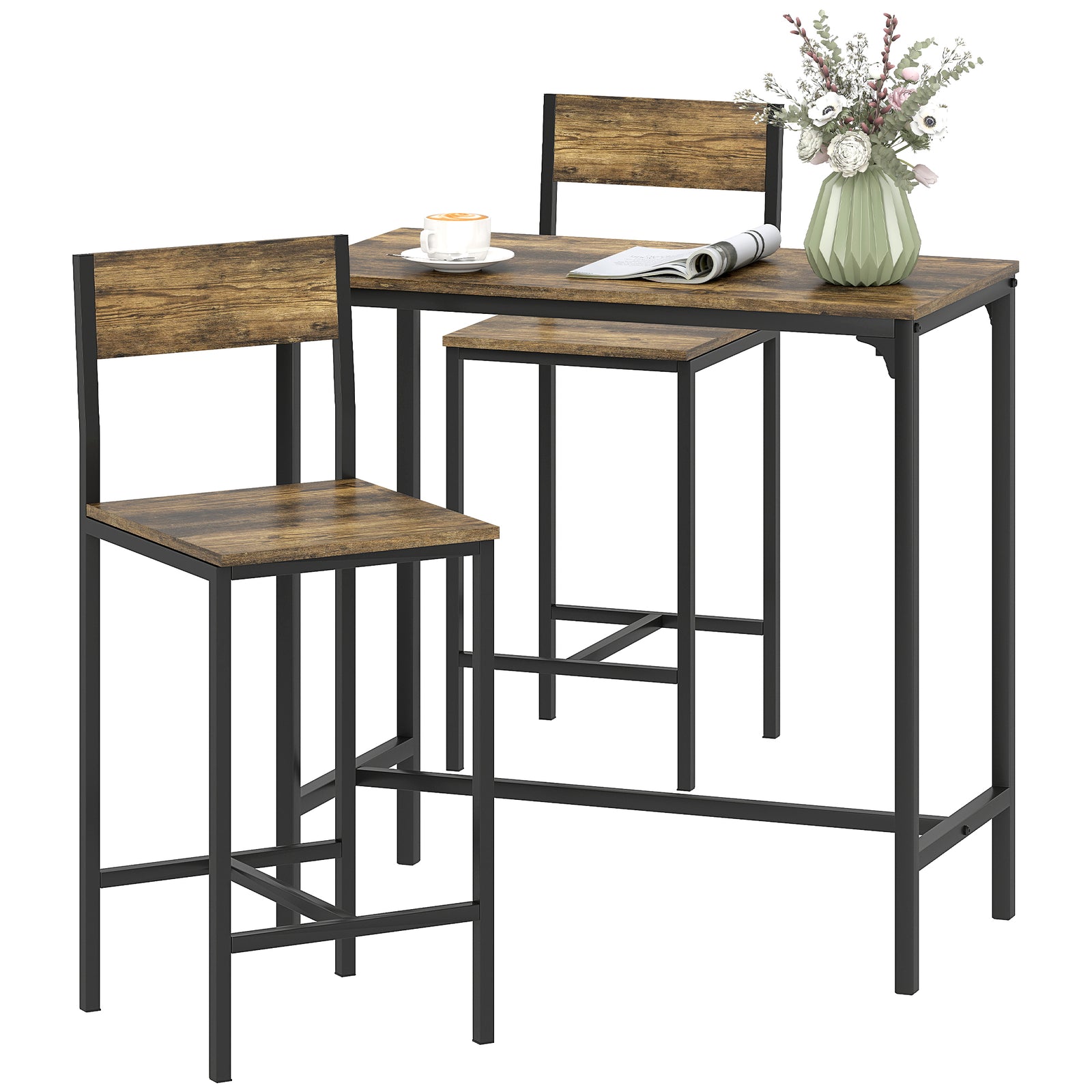 Bar Table And Stools Set, Kitchen Table And 2 Chairs With Backrest, Footrest | Rustic Brown