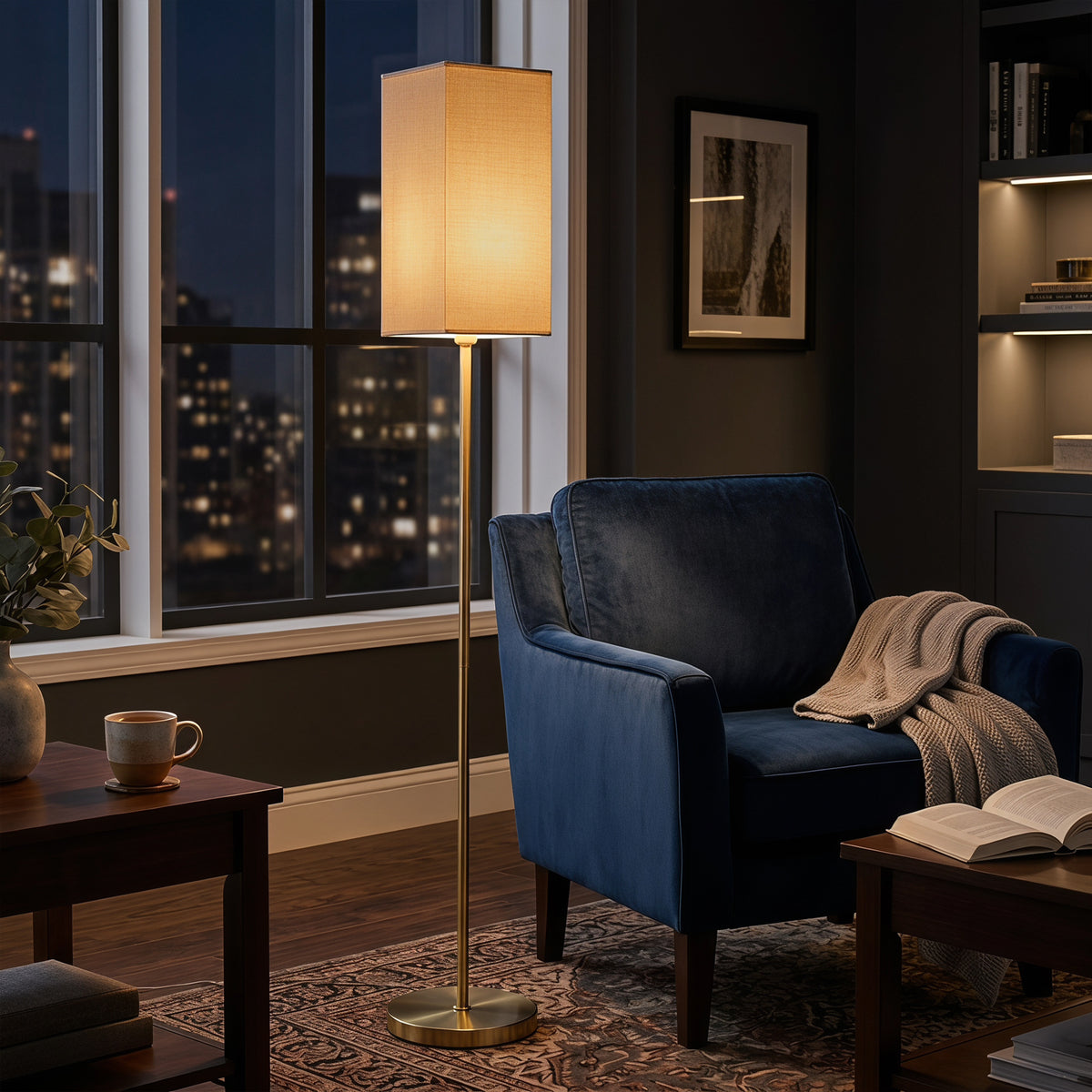 Floor Lamp, Modern Standing Lamp With Linen Shade, Gold Tone