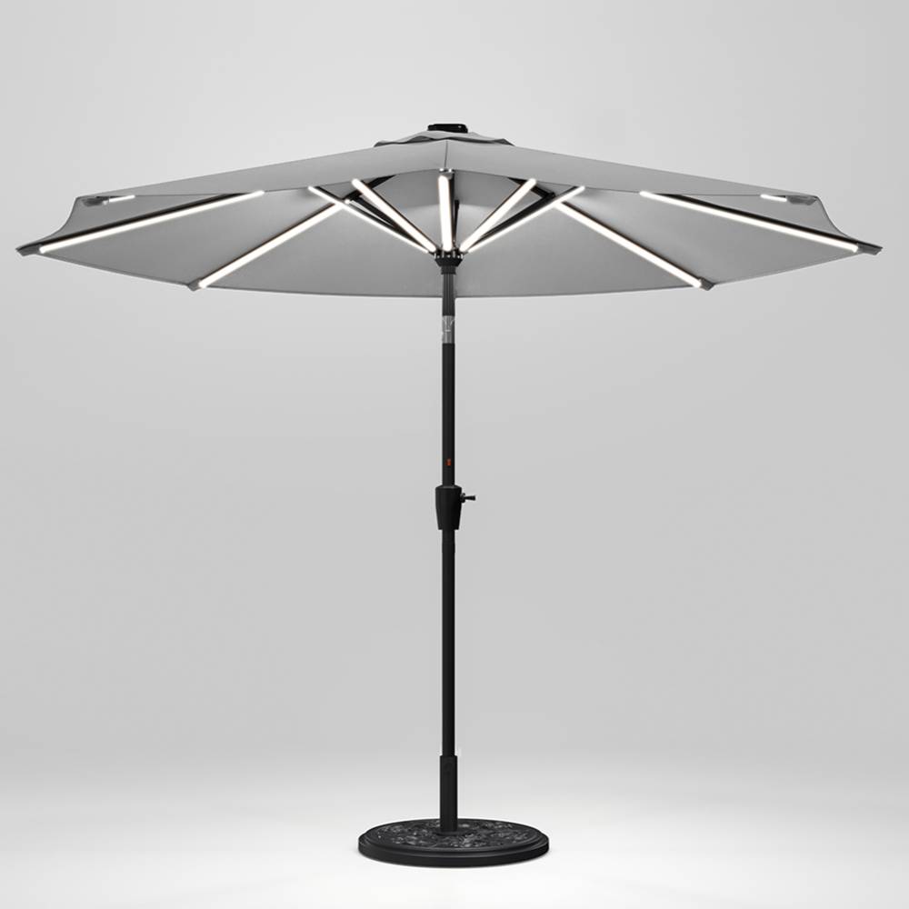 3m Solar Led Patio Umbrella, Outdoor Parasol With 16 Led Tubes, Crank Lift & Push Button Tilt With Cement Base | One Size | Light Grey