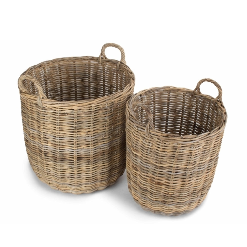 Tall Round Fireside Grey Rattan Log Basket | Set-of-2 | Brown