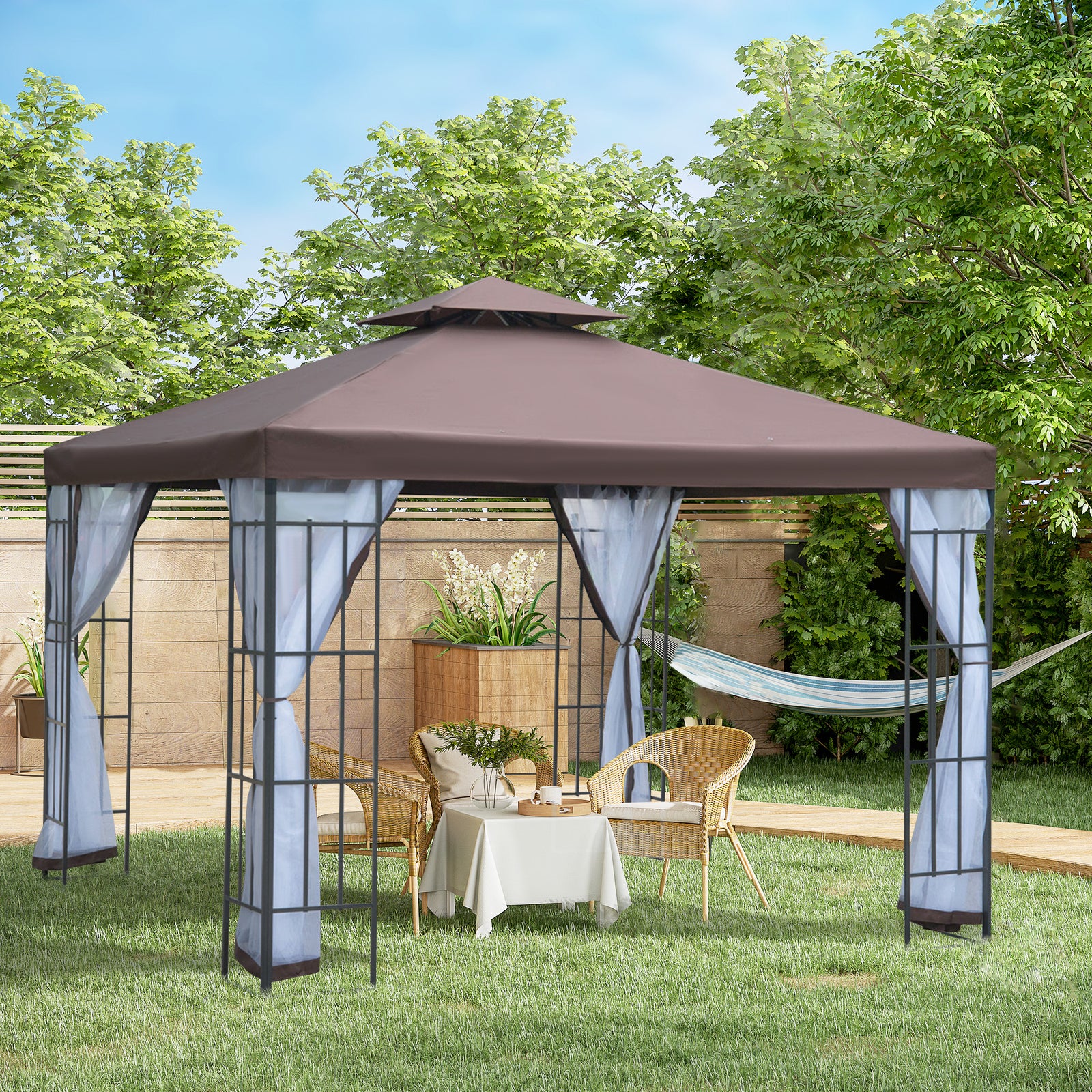 3 X 3(m) Patio Gazebo Canopy Garden Pavilion W/ 2 Tier Roof | Coffee