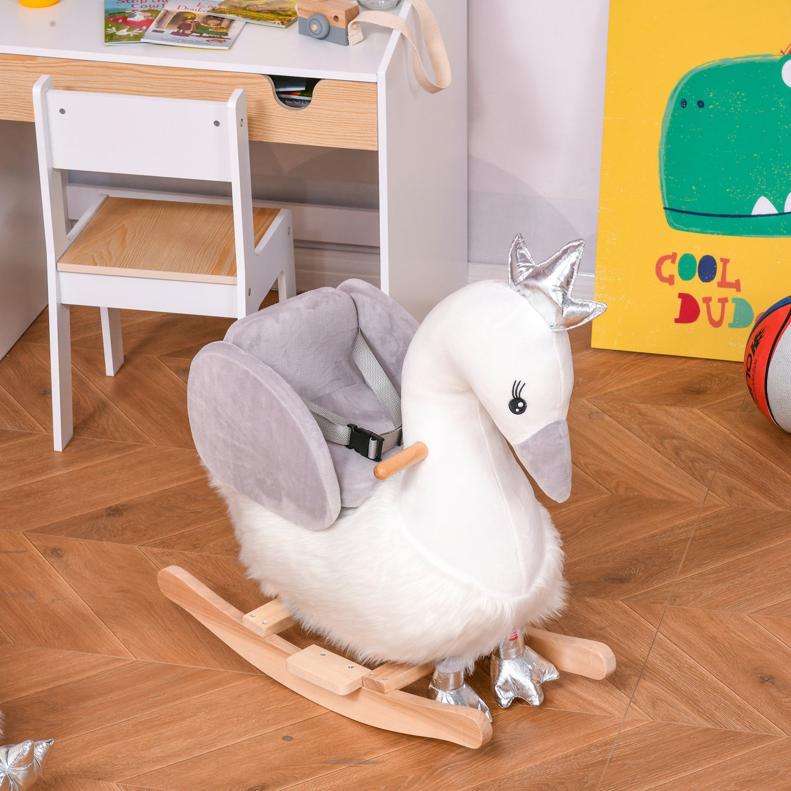 Cute Kids Ride-on Rocking Swan W/ Sound Handlebars Seat Belt Plush Body
