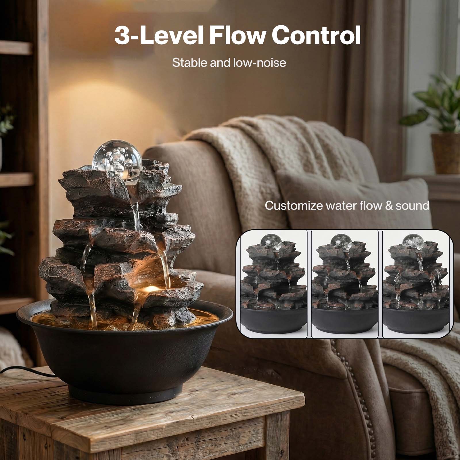 Spector Water Feature Tabletop Fountain With Glass Ball Led Resin Brown