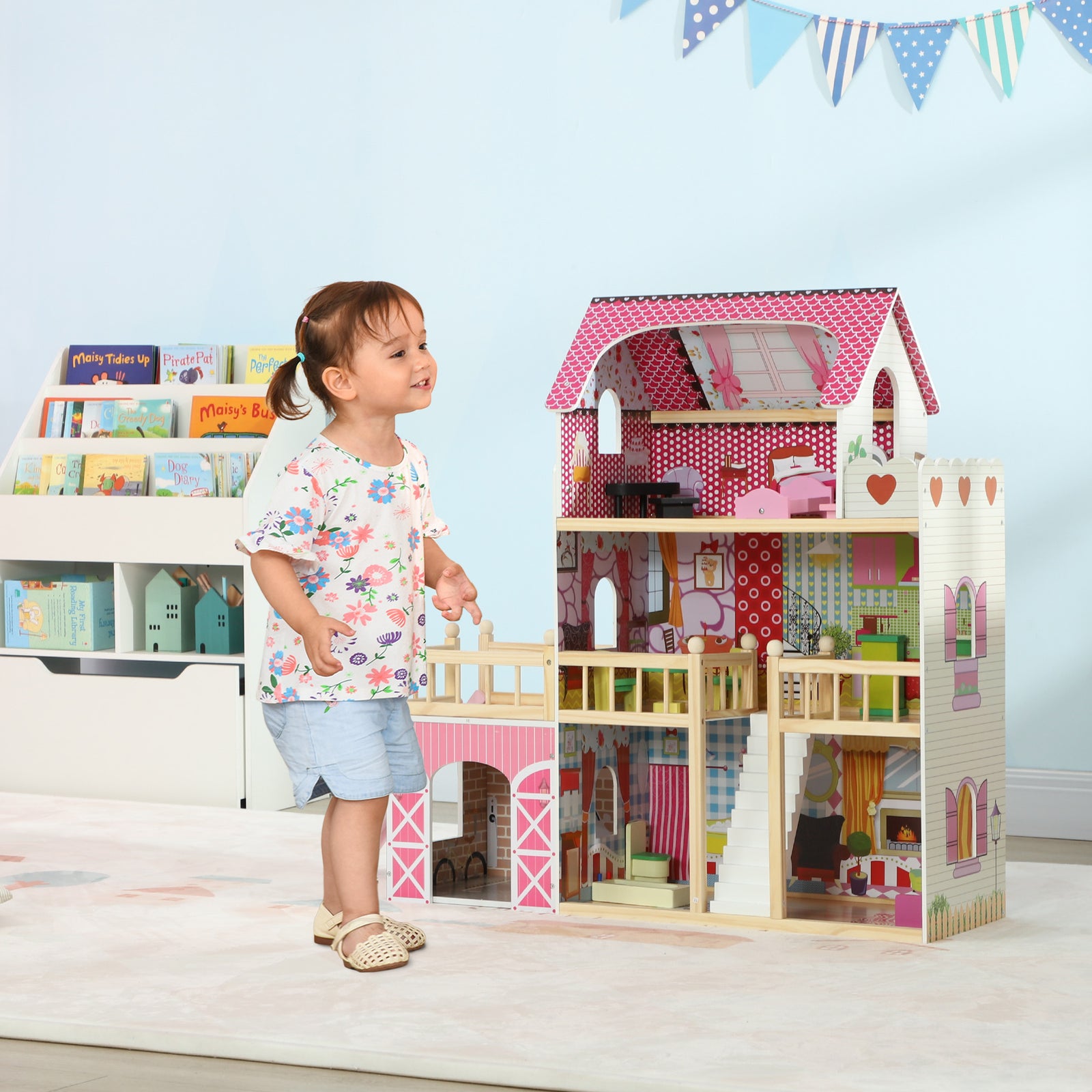 Dolls House With 13 Pieces Wooden Furniture And Accessories