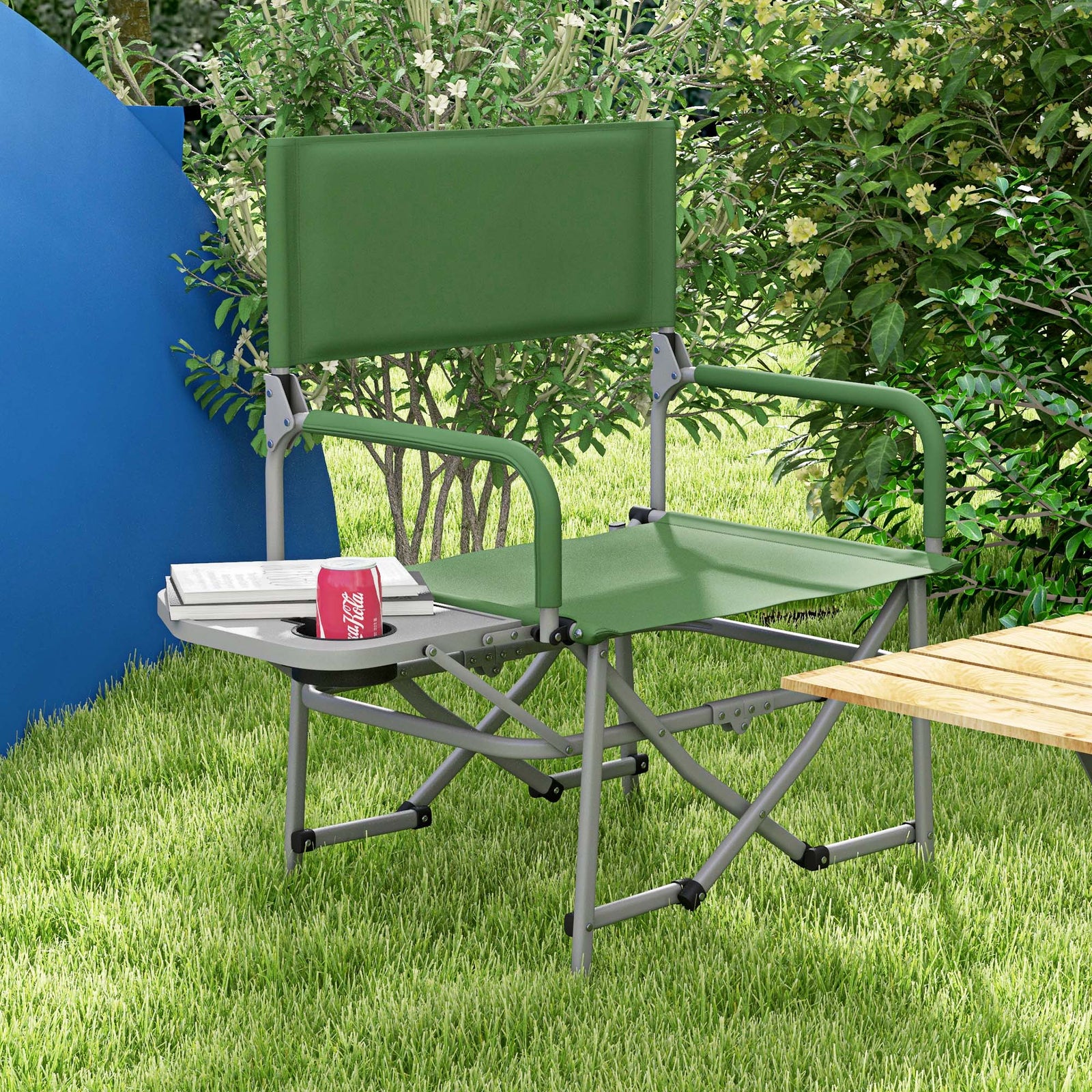 Folding Camping Chair Directors Chair W/table And Cup Holder | Green