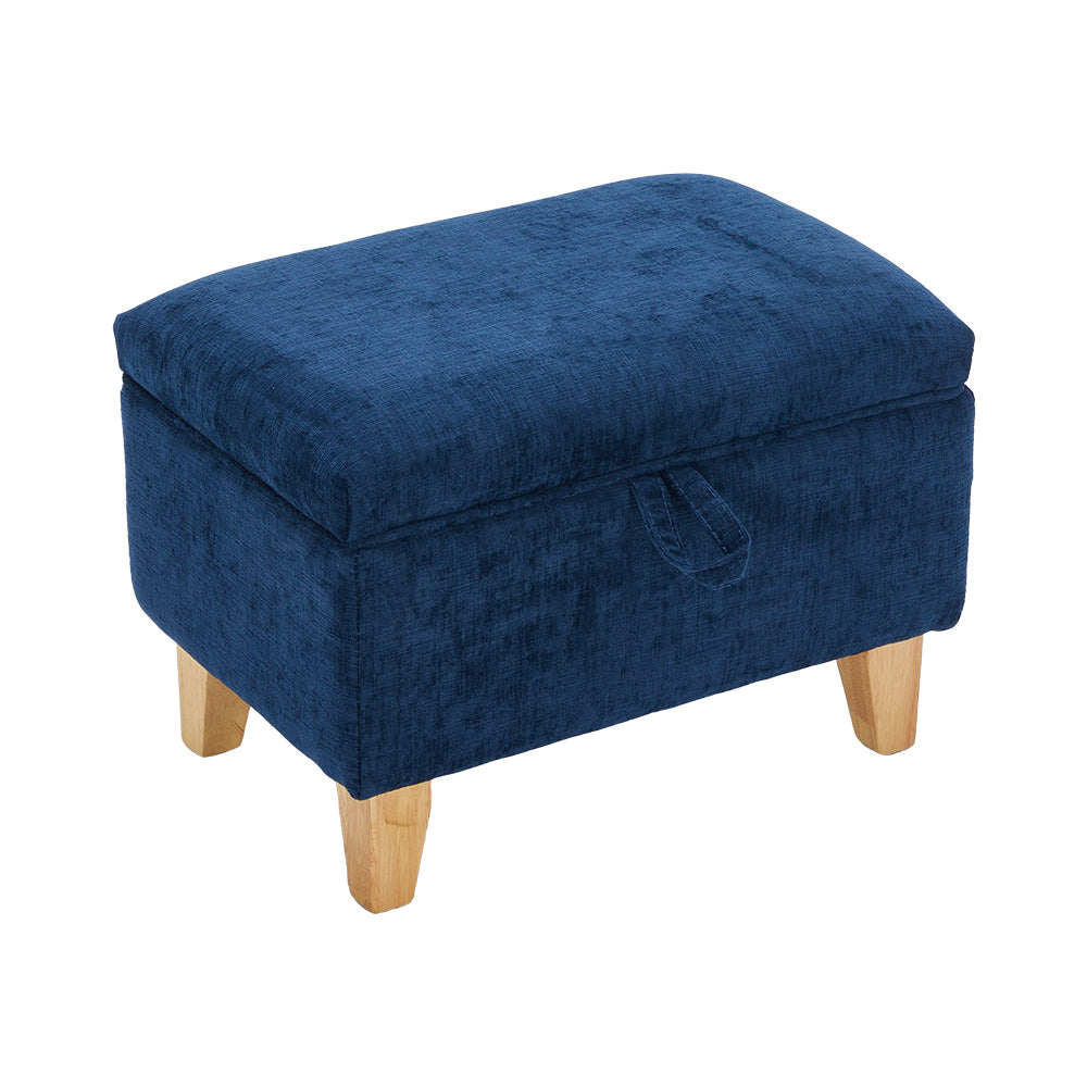 Chenille Upholstered Storage Ottoman Compact Footstool With Hidden Storage | Small | Blue