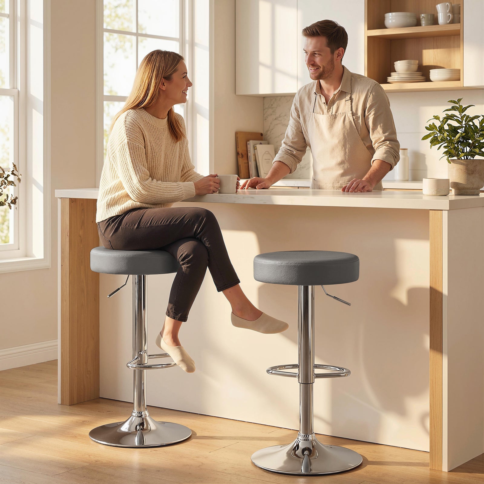 Bar Stools Set Of 2, Height Adjustable Breakfast Bar Chairs | Grey