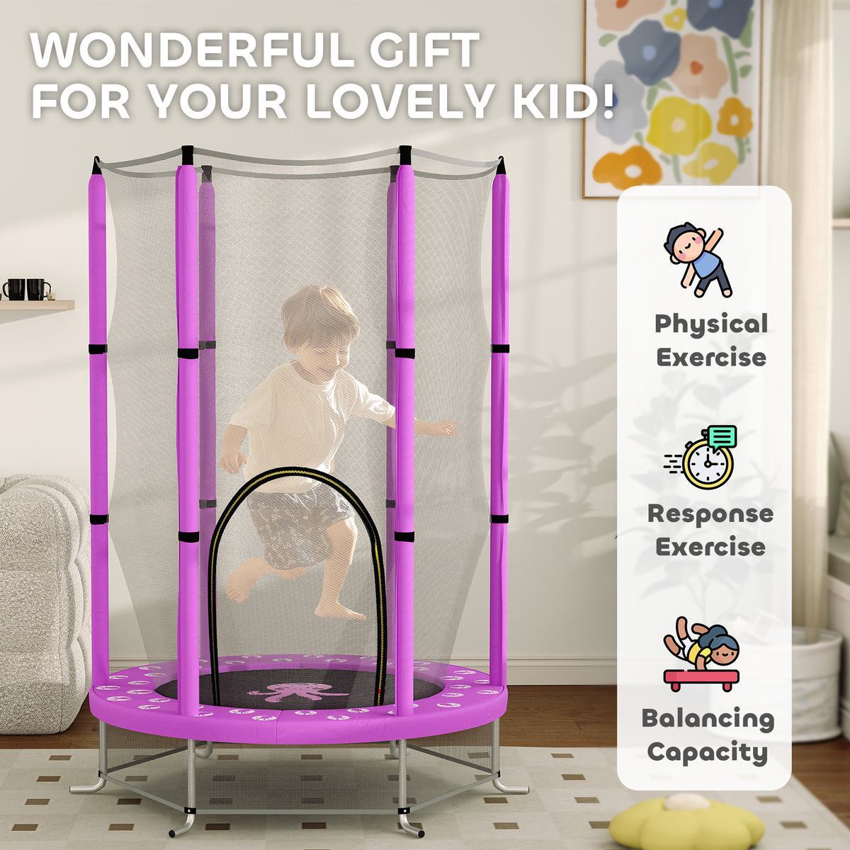 4.6ft Kids Trampoline W/ Safety Enclosure Net, For Indoor Outdoor | Purple