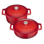 Cast Iron Casserole Set Of 2 26cm & 28cm / 4.3l & 5.8l Dishes Oven Proof Enamelled Cast Iron Pans With Lids | Red