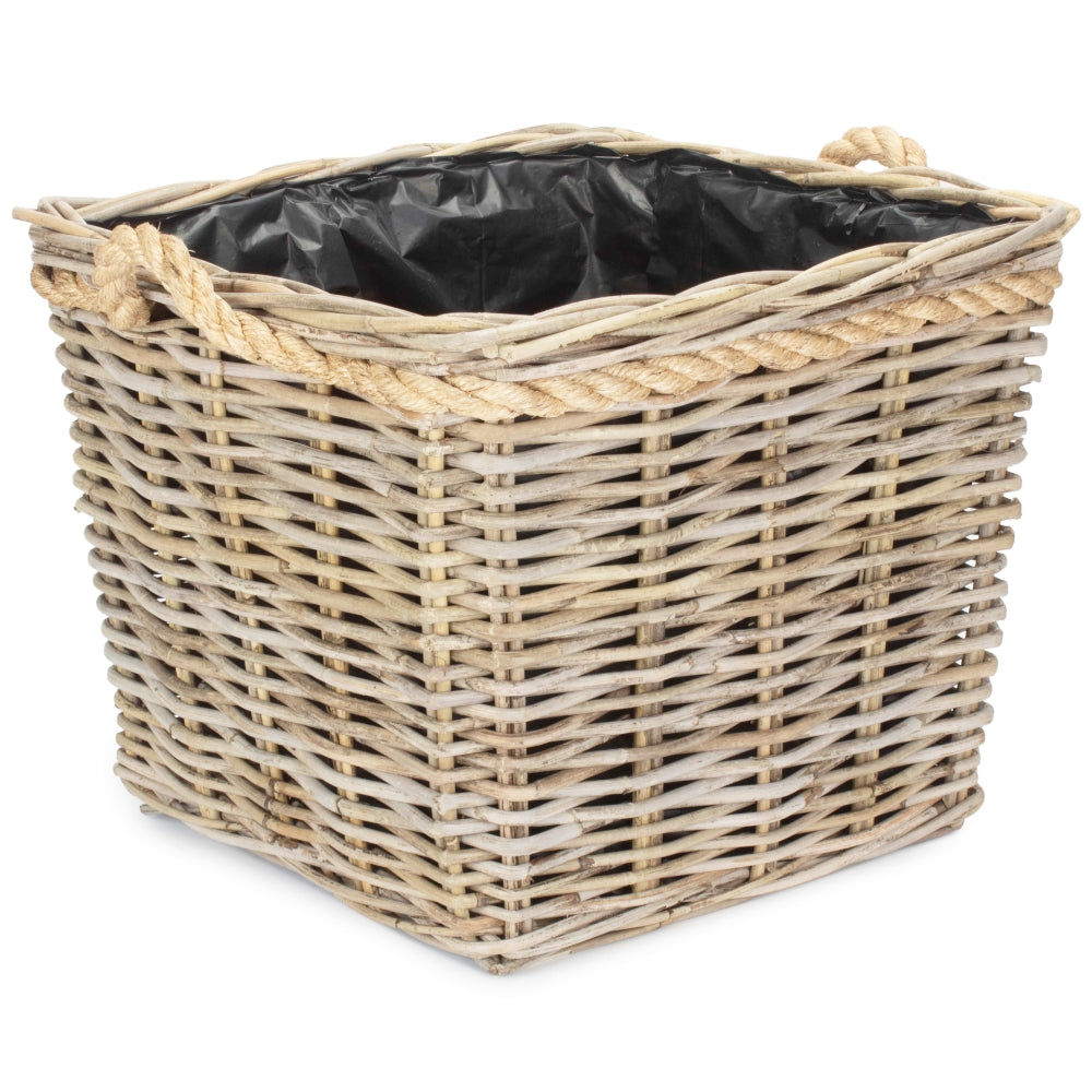 Square Tapered Rope Handled Rattan Planter With Plastic Lining | Large | Natural