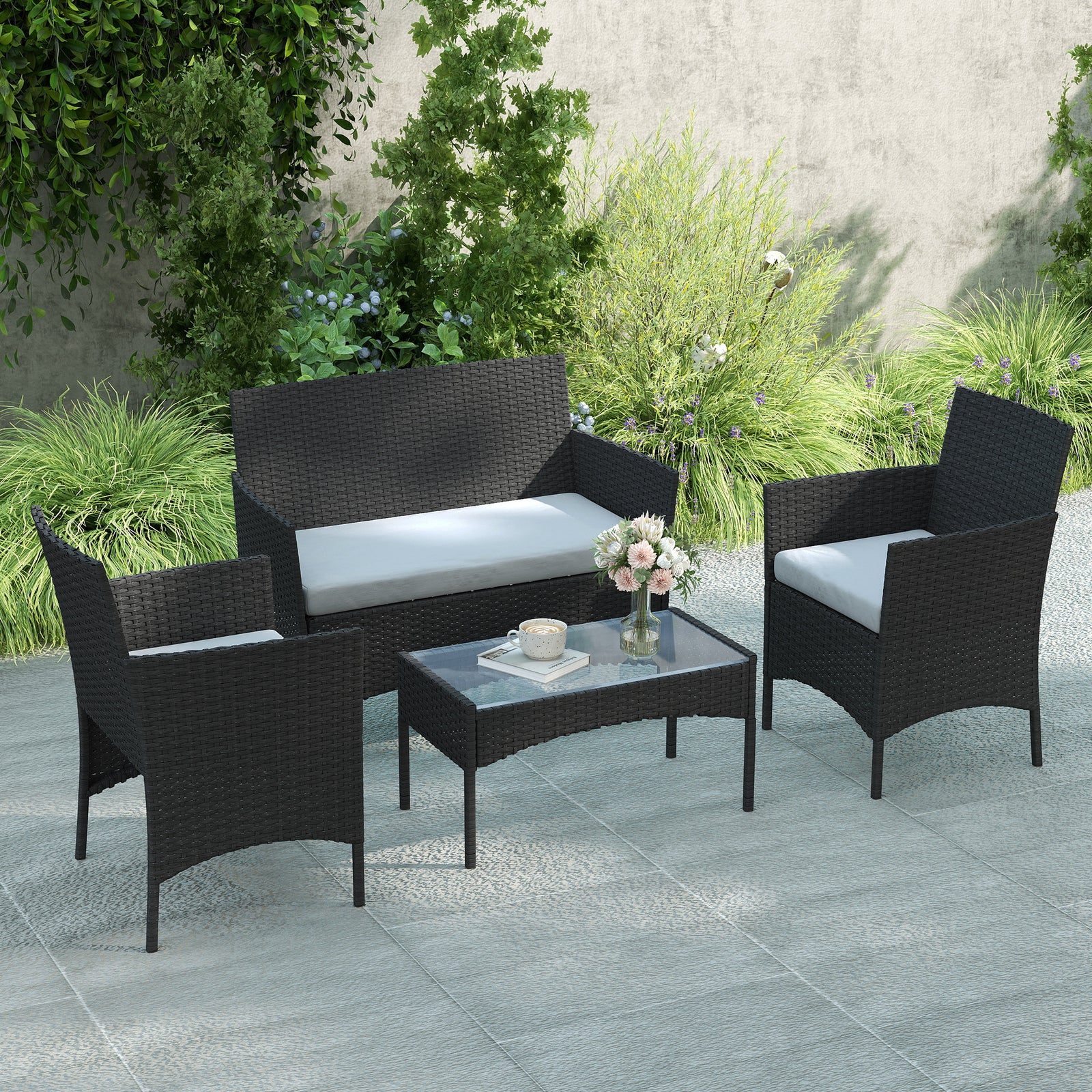 4 Piece Rattan Garden Furniture Sofa Set With Cushions | Black