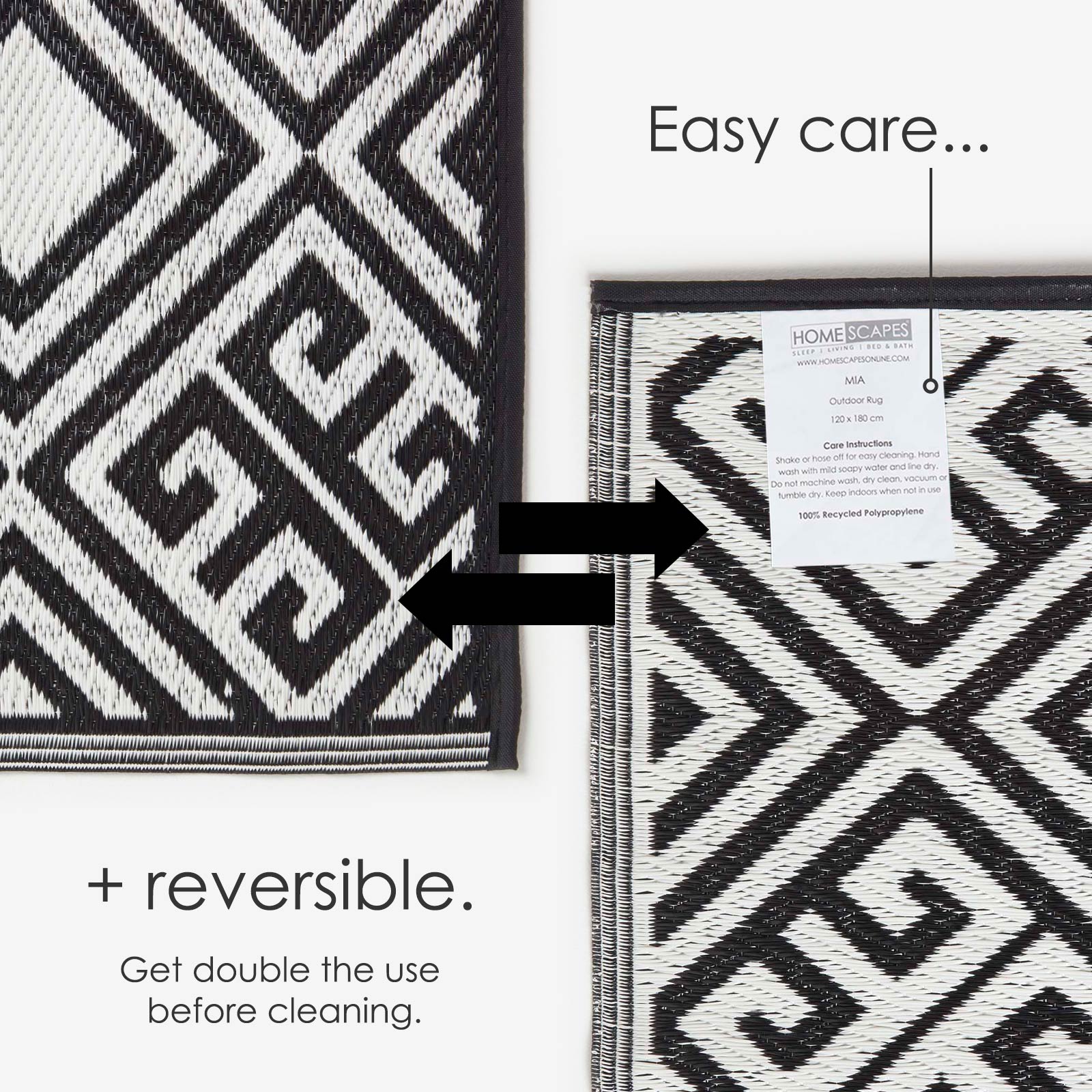 Luxury Outdoor Rug Waterproof Reversible For Garden Patio, Black & White Geometric