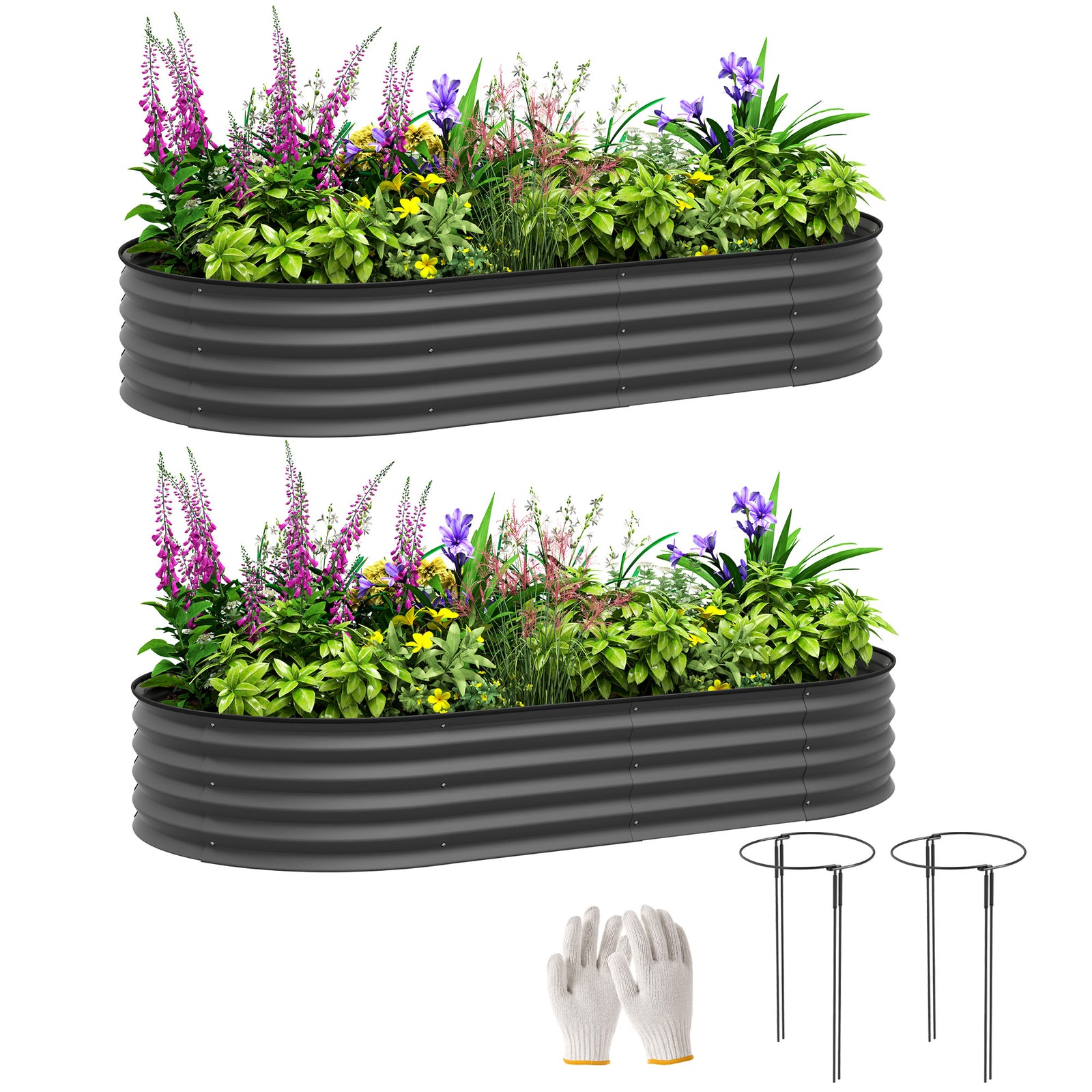 Set Of 2 Raised Beds For Garden W/ Metal Plant Stakes | Dark Gray