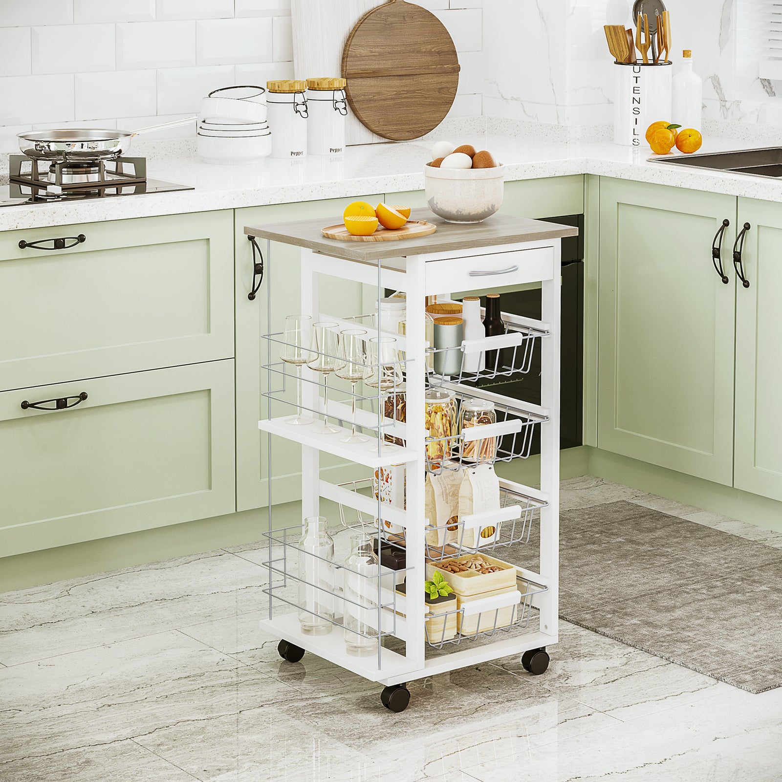 Kitchen Island Trolley W/ 4 Baskets 2 Side Racks Drawer | Antique White