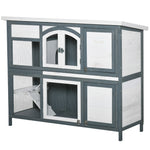 Two-tier Wooden Rabbit Hutch W/ Openable Roof, Slide-out Tray, Ramp | Gray