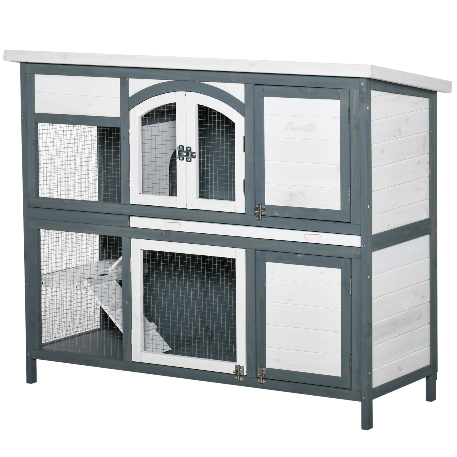 Two-tier Wooden Rabbit Hutch W/ Openable Roof, Slide-out Tray, Ramp | Gray