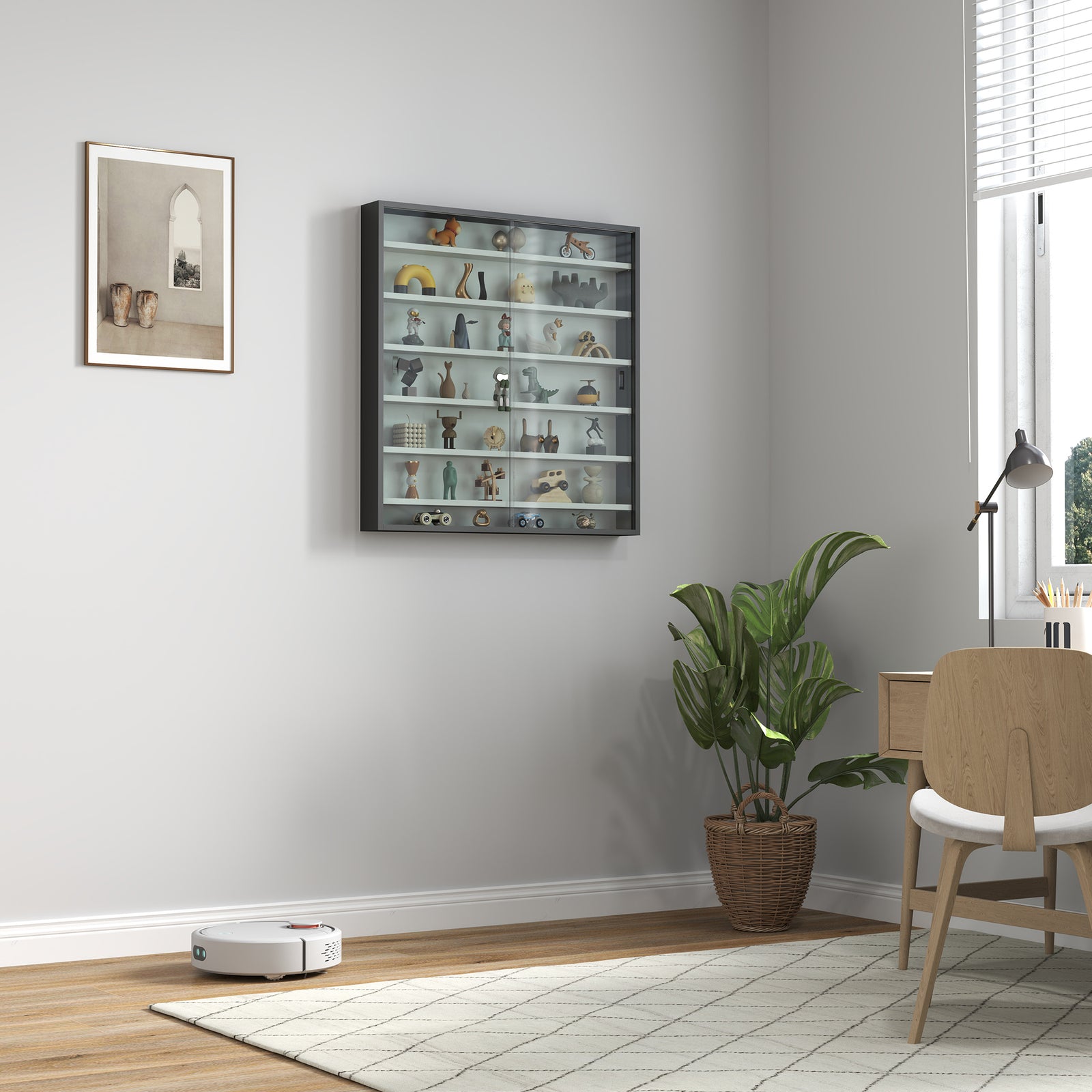 7-tier Wall Display Cabinet W/ Shelves Glass Doors | Gray